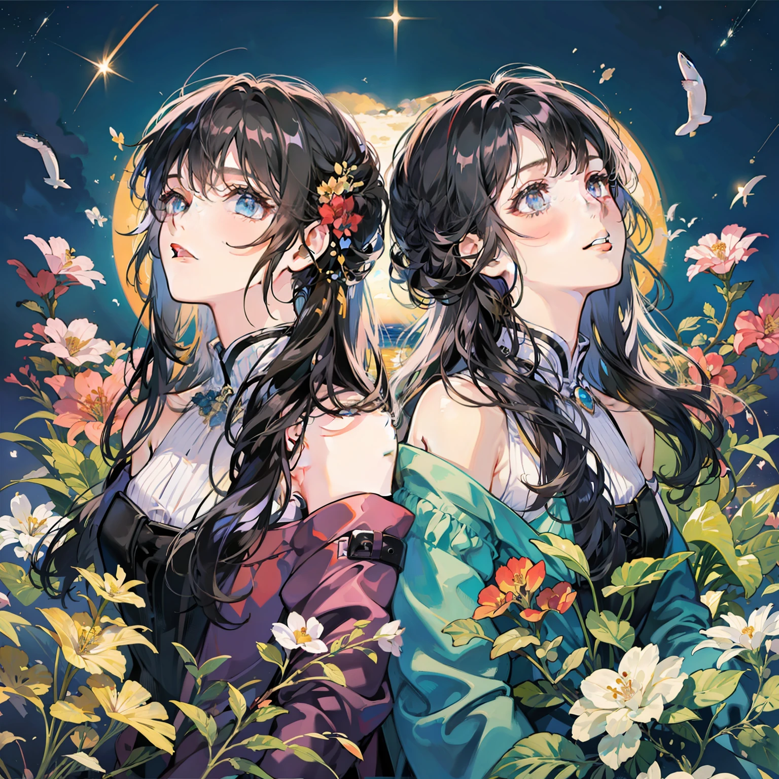 Two girls,Back shadow back!!black color hair!!dreamy background,sea of stars,whale,shooting star,the flowers。