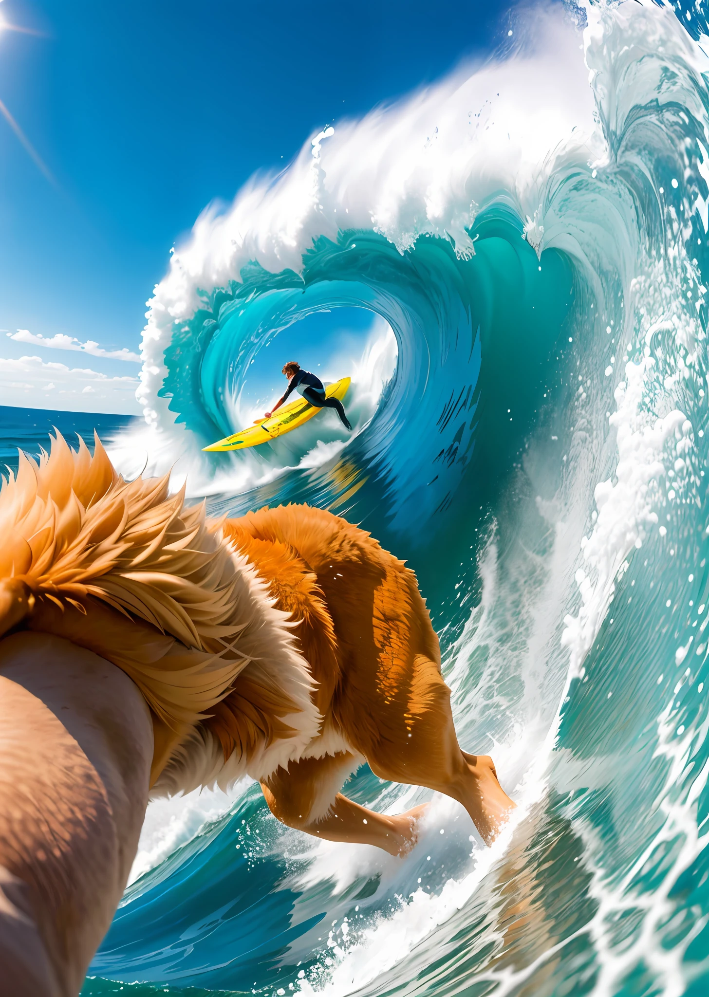 Fotografia de esportes radicais, surfe, it's gliding in huge waves, Thrilling tension, average selfie shot, tiro de meio corpo, cachorro na prancha golden retriever, golden retriever, mar, ondas, oceano, espuma de fundo, textura alta, efeito realista