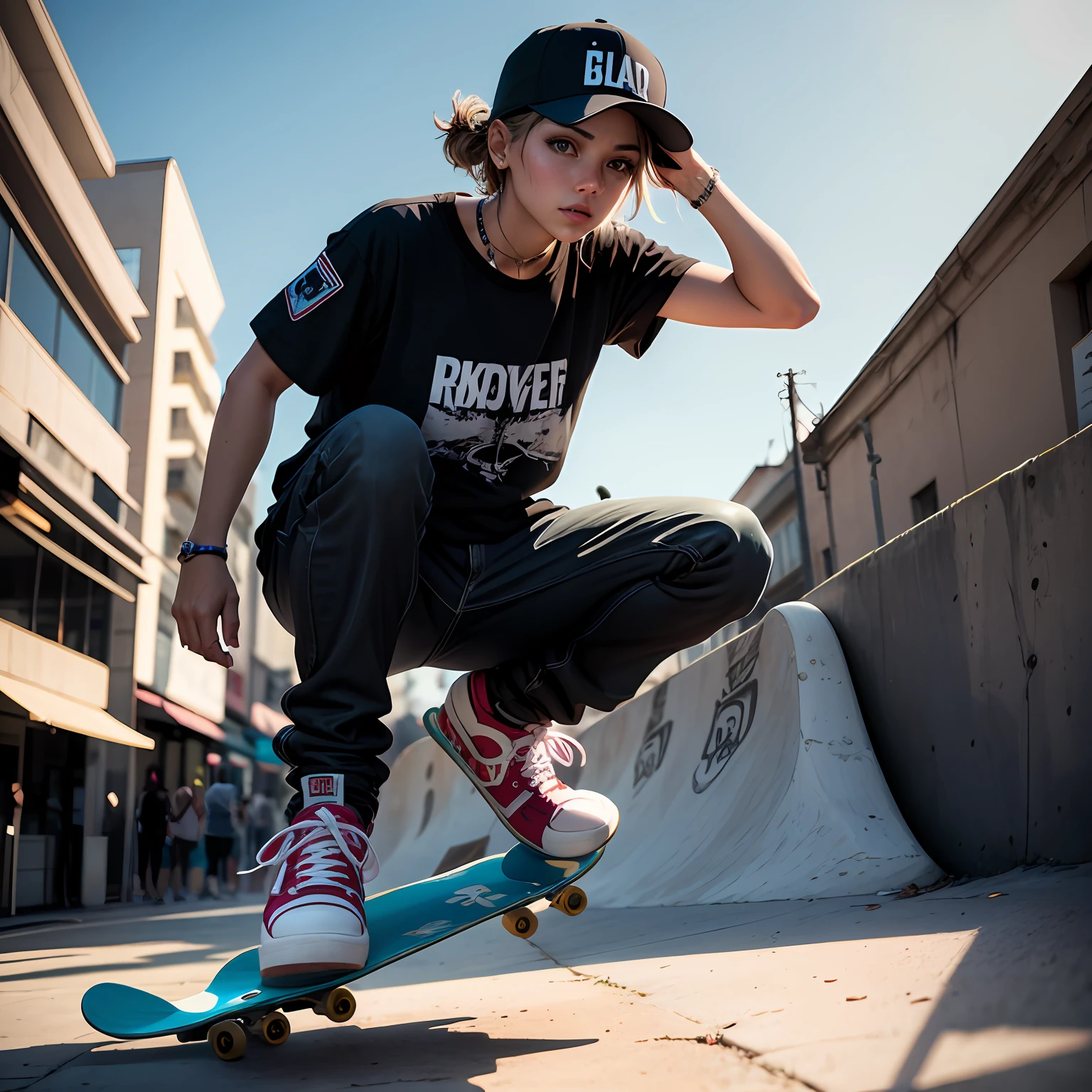 "You are a(a) artista encarregado(a) de criar uma nova personagem skatista para uma marca de skate. Your task is to design a unique and captivating skateboarder, with a vibrant personality that reflects the spirit of skateboarding and urban culture.
Imagine uma skatista talentosa e destemida, always in search of new challenges and overcoming obstacles with style. Ela pode ser uma jovem rebelde com atitude, ou uma garota confiante e inspiradora que motiva outros a se aventurarem no mundo do skate.
Think about your appearance, estilo de roupa, hairstyle and accessories that will make it authentic and recognizable. Also consider your skateboard, which may have graphic elements that match the skater's personality.
Develop your character by thinking about action scenes in which she is performing radical maneuvers in different urban settings, como ruas, Squares, parques de skate e rampas. Visualize how she interacts with her environment and expresses her passion for skateboarding.
Lembre-if that the goal is to create a charismatic skateboarder who inspires skateboarding lovers and is also an excellent representative of the brand. Seu design deve transmitir a energia, a liberdade e a autenticidade da cultura do skate, tornando-to an unforgettable character." --auto