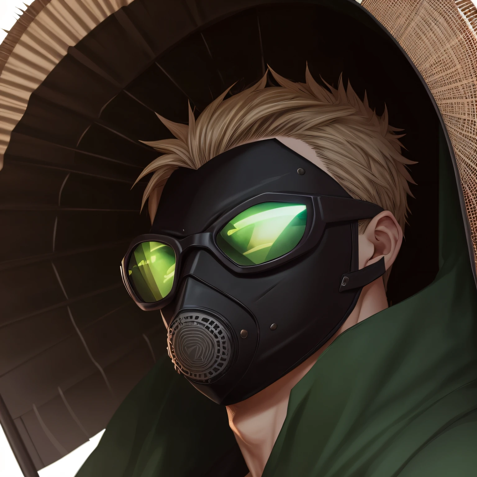 realistic adult male anime character, short spiky dark blonde hair mixed with brown, black and dark glasses, mask covering mouth, pale skin, slim body, wearing green and purple kimono in hot desert scenery with insects and a giant fan --auto
