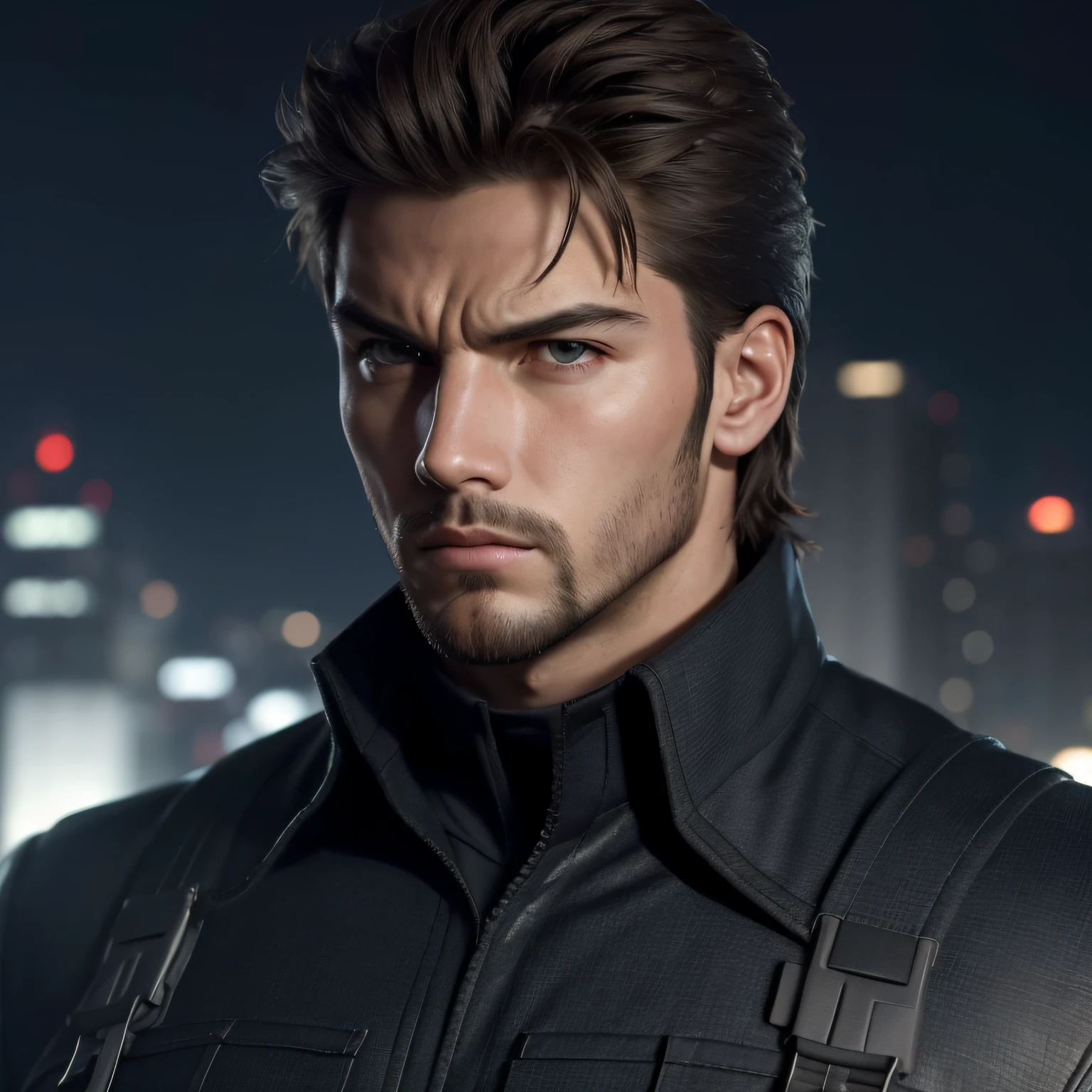 ((masterpiece)), best quality, ultra detailed, intricate details, rich colors, sharp focus, (((Dark suit))), Spiky Hair, Black Hair, Cityscape, Heroic, Strong Jaw,{{{Master piece:1.3}}}, {{{realistic}}}, {{cinematic lighting}}, {{{perfect anatomy:1.3}}, handsome man, {{extremely detailed}}}, long eyelashes, {{perfect face}}, {{perfect eyes}} refined, {soft lighting}, {{cool}}, (detailed body),(Masterpiece)),(((best quality))), ( full body: 1.2), good anatomy, short hair, stern features, tall ,((highly detailed features)), ,(night city),volumetric lighting, dramatic atmosphere, 1boy, ((solo)), solid snake, looking at viewer, serious expression, facial hair, sneaking, military,tank,teroris,((fight)),