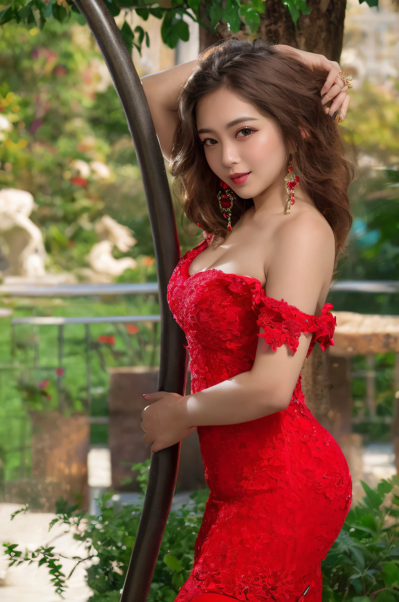 a Beautiful young woman woman in a red dress posing in a garden, wearing red dress, sexy red dress, wearing red formal attire, red dress, wearing a red cheongsam, in style of lam manh, wearing red attire, wearing a red dress, 2 , 2 3 years oldran, red lace, jaw-dropping beauty