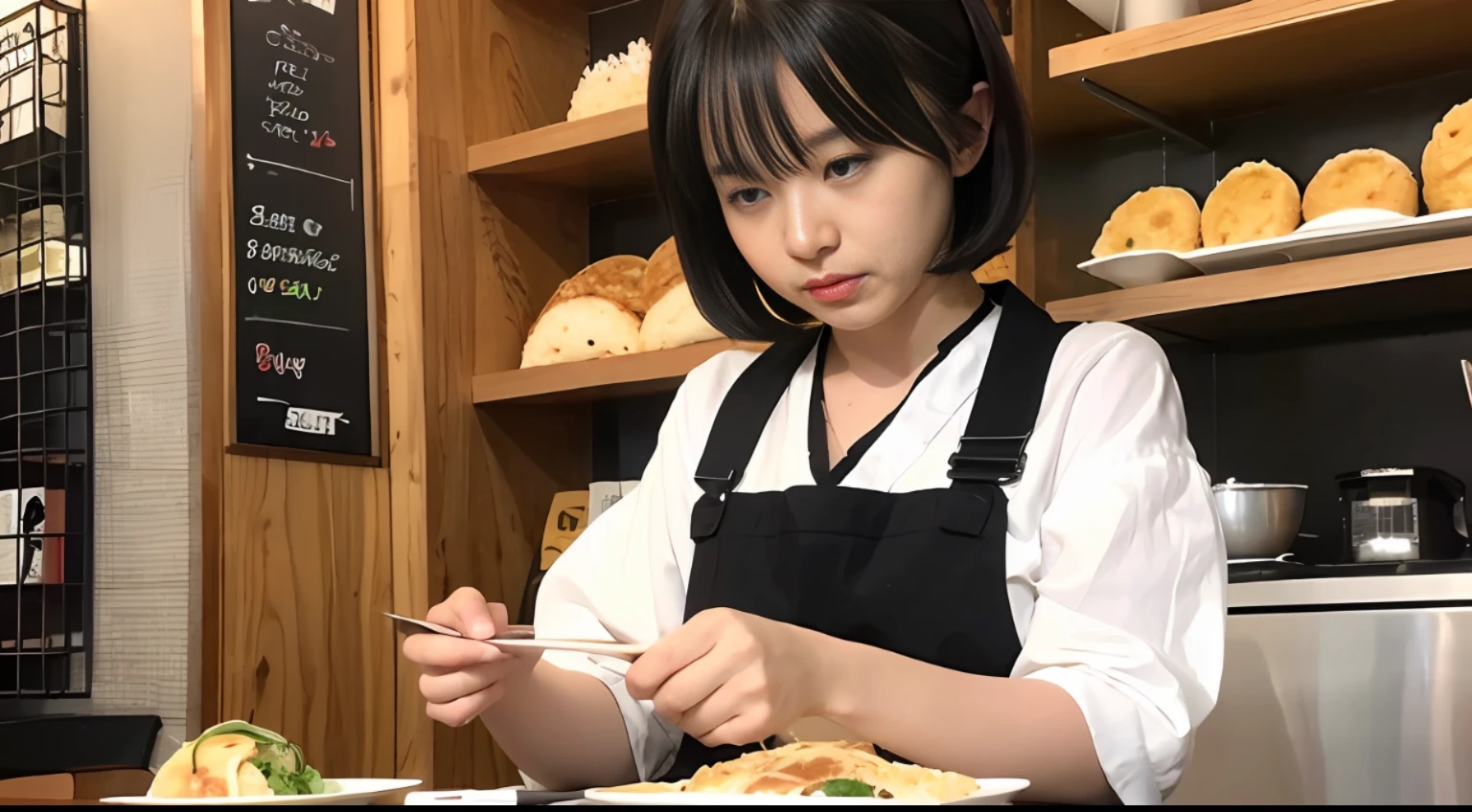 Ultra high Resolution、1女性、((Short cut:1.2))、((Watching anime))、Draw an illustration、Visit a restaurant、((Omurice))、((Goya Champloo))、((ramen))、Tell me