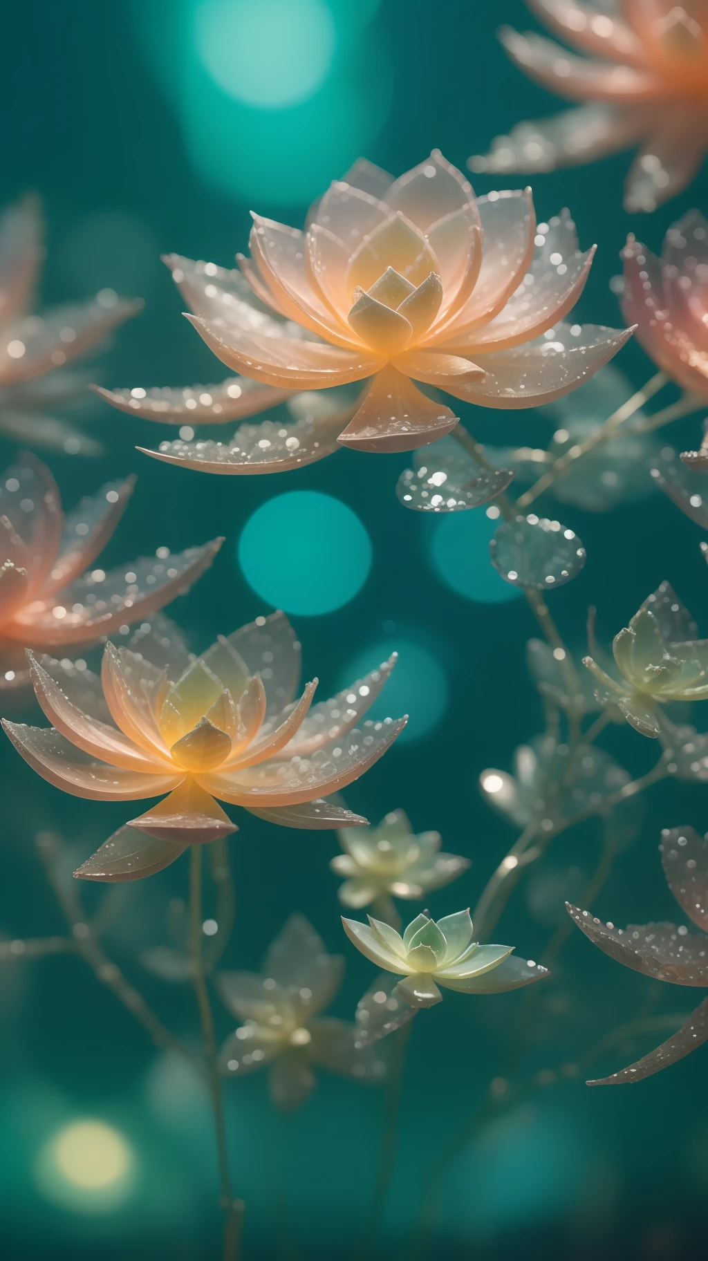 Crystal fantasy, Succulents, fern, transparent,neon,Full-color, toe-up, countless crystal feathers flutter in the air,
fantasy, galaxy, transparent, shallow depth of field, jade bokeh, sparkling, sparkling, stunning, colourful,
Magical Photography, Dramatic Lighting, photo realism, Ultra Detail, 4K, DOF, High Resolution