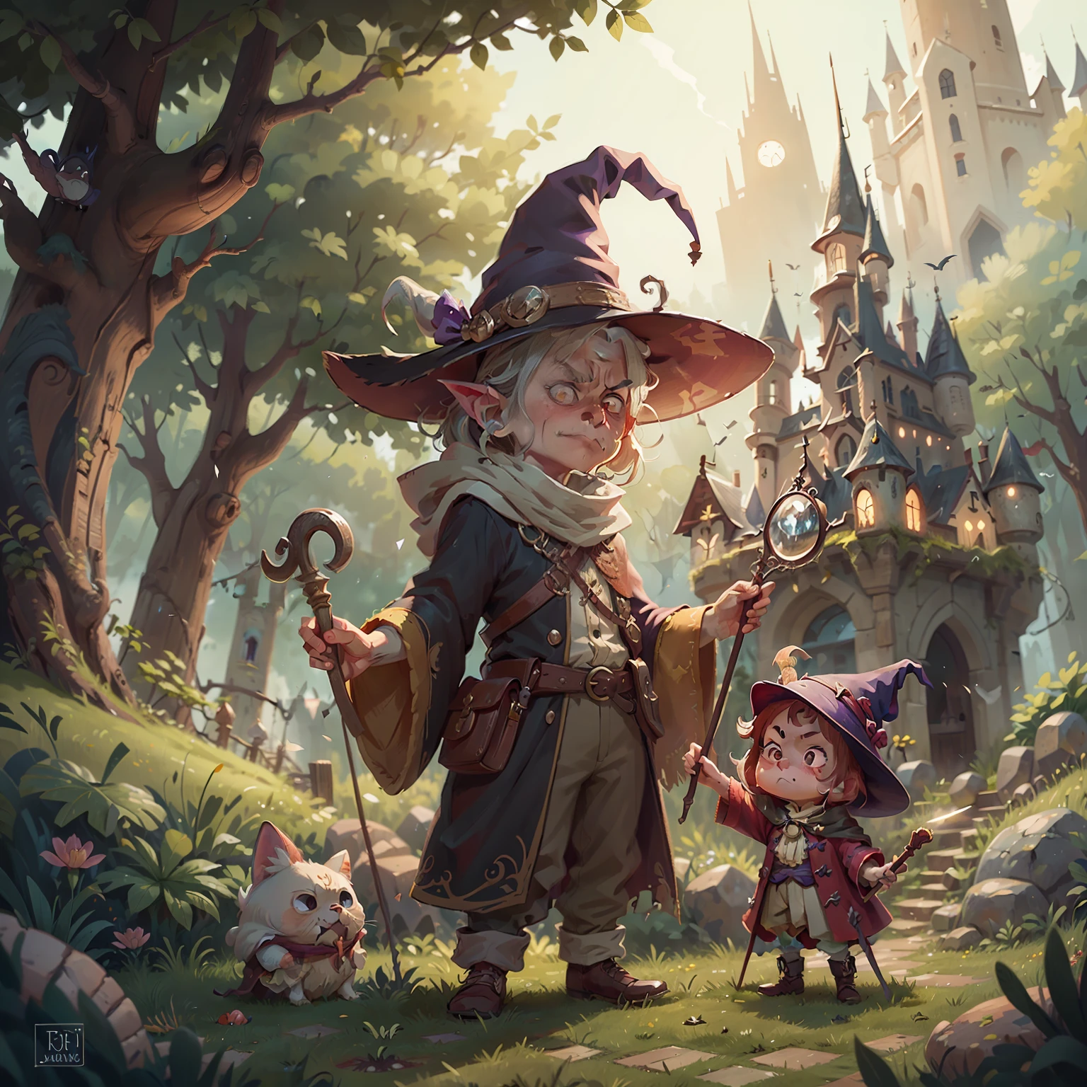 Discover a slightly evil witch standing at the castle gate，He also holds a magic wand in his hand