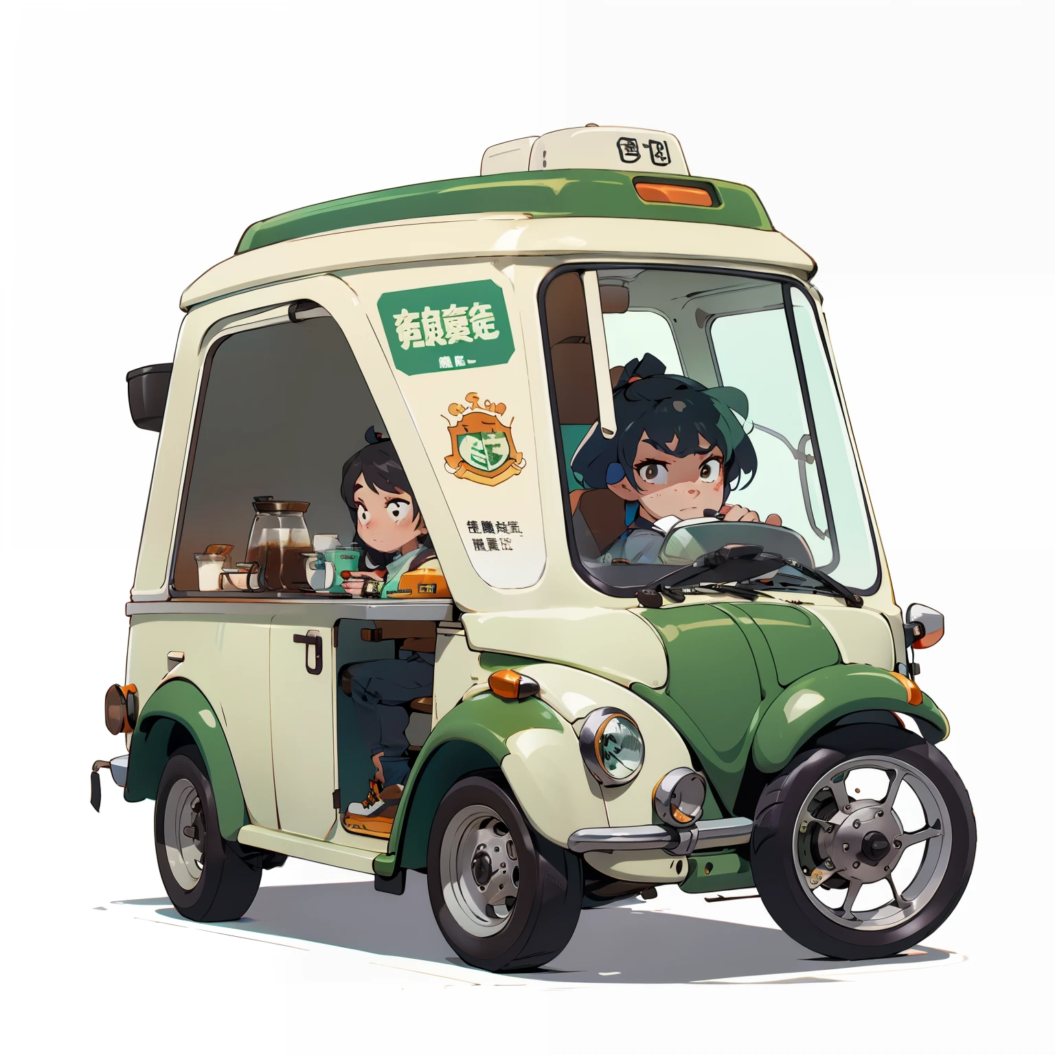 A lovely coffee cart，Inspired by:【Wuling Hongguang minicar】and a【Mini Beetle】，Equipped with a professional large coffee machine，Fancy green high detail，32k超高清，Industrial Design Product Design，WHITE BACKGROUND，White environment，studiolight，ultra Realistic，high detailed details，Lateral face，Side view。