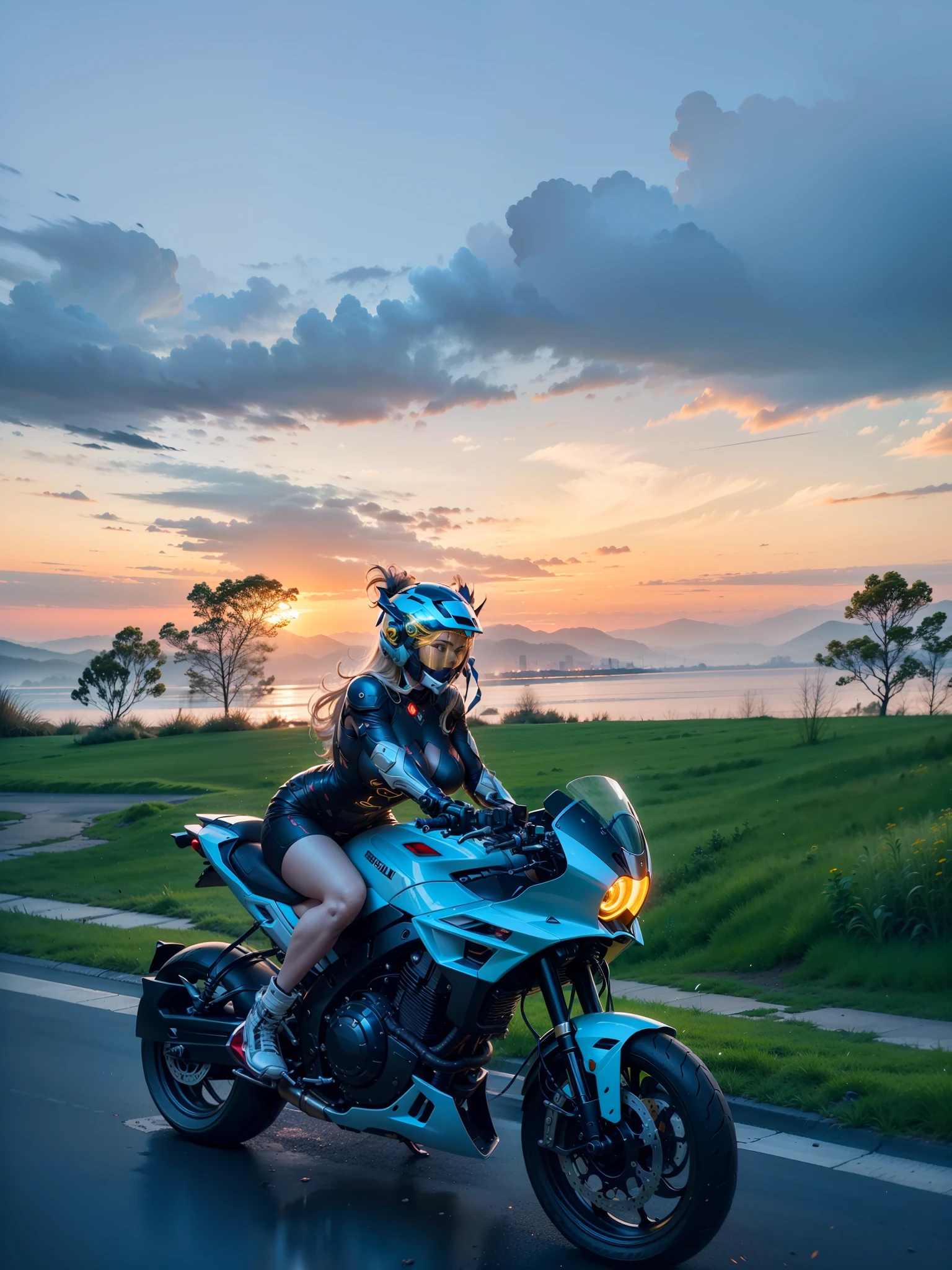 Cyber Warrior Woman and Cyber Mechanical Motorcycle,Long flowing blonde hair,Exquisite high-tech armor all over the body,Sophisticated black tech helmet,Nousr, Biomechanics, MSHN Robot Man,High-tech helmet,HyperRealistic, steel, complex design, Insanely Detailed, Fine details, Extremely sharp lines, cinematic Lighting, Photo realistic, A Detailed Masterpiece