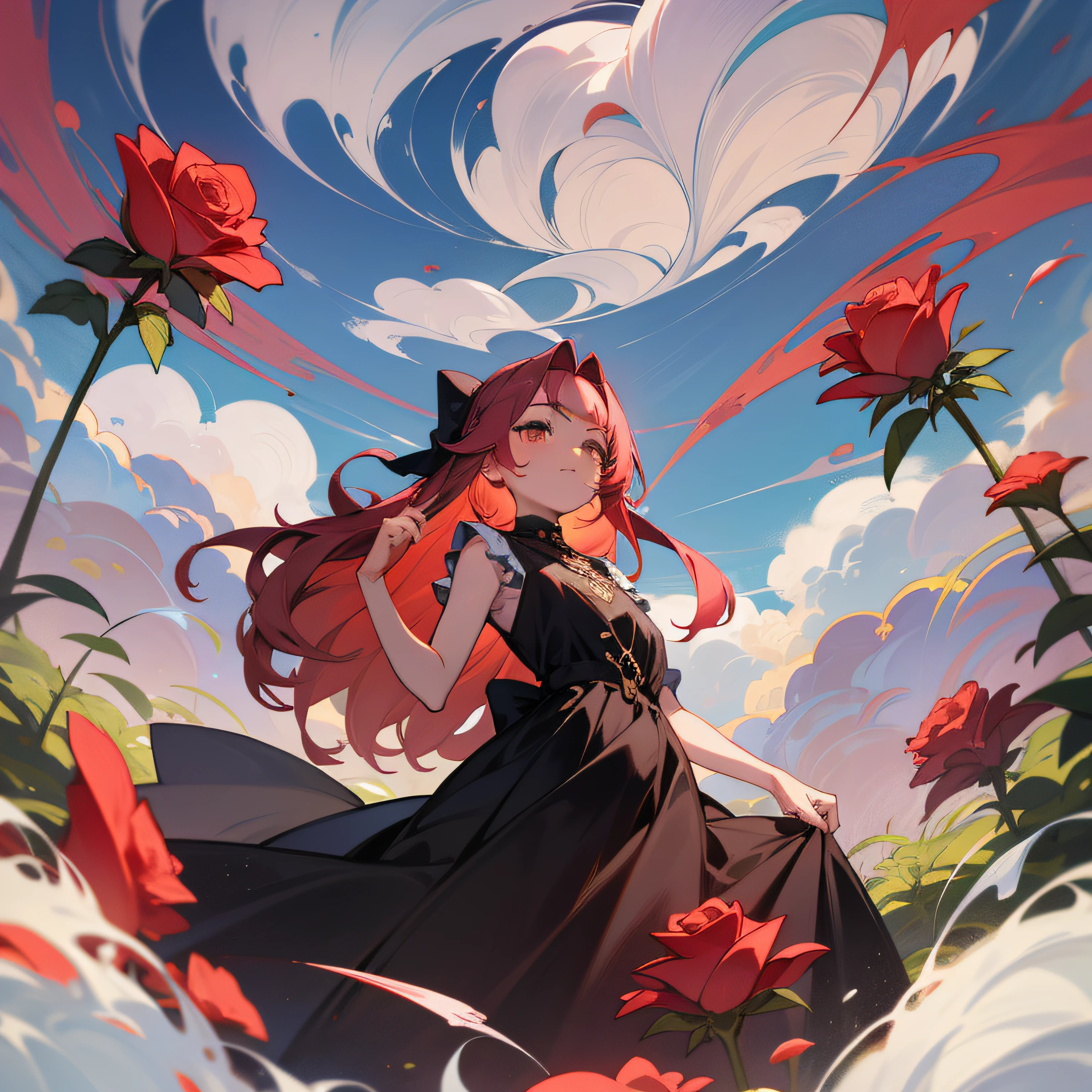 1girl, cabelo vemelho, seios pequenos, Sozinho, olhos azul, Campo de Rosas, fundo vermelho, vestido preto, barefoot, olhando pra cima, one hand up, bordado, nuvem, {{Rosas brancas}}, abstrato,, croqui, closed mouth,