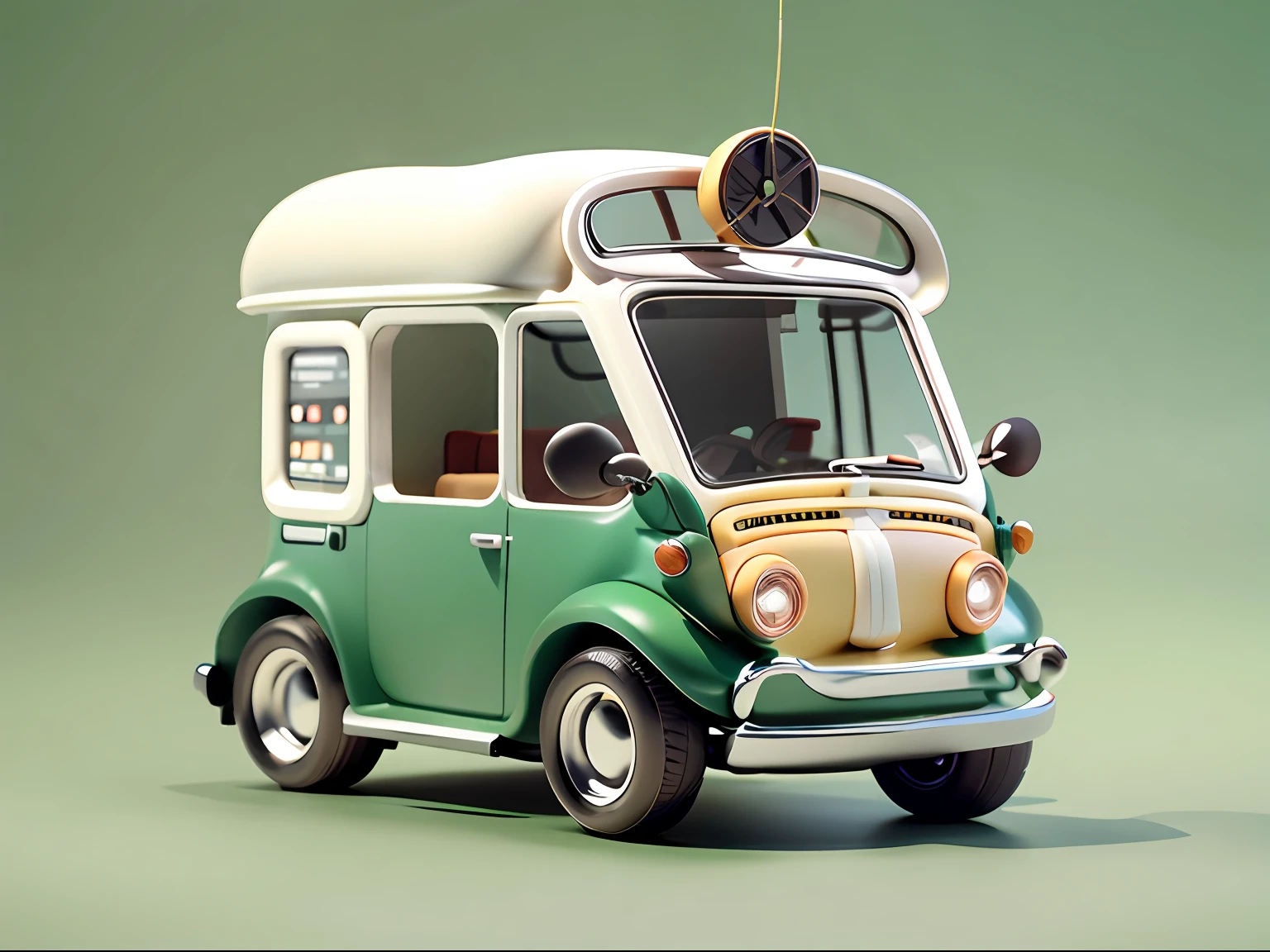 A lovely coffee cart，Inspired by:【Wuling Hongguang minicar】and a【Mini Beetle】，Equipped with a professional large coffee machine，Fancy green high detail，32k超高清，Industrial designProduct design，WHITE BACKGROUND，White environment，studiolight，ultra Realistic，high detailed details，Lateral face，Side view