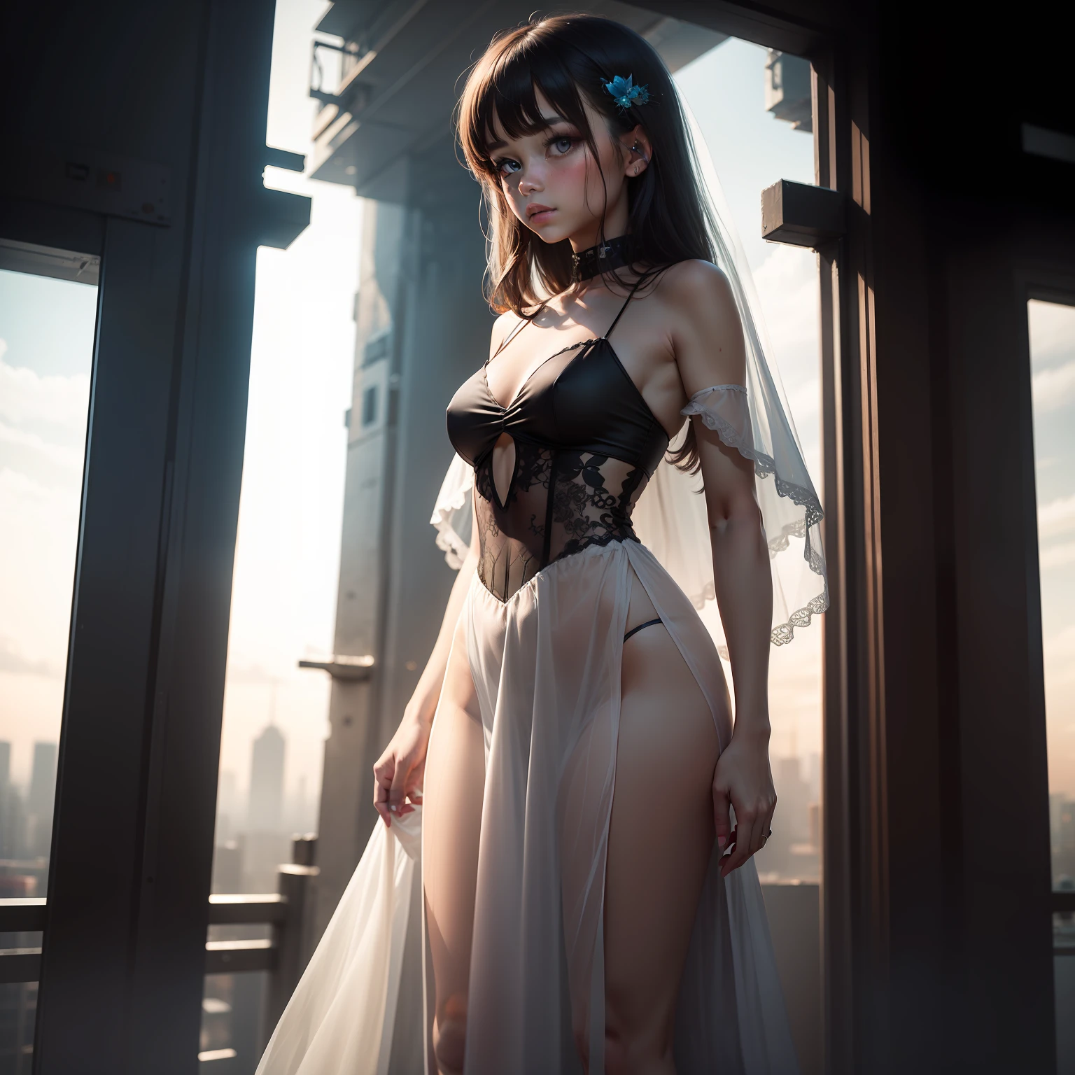 gossamer veil, sweet girl, full height, glitch, cloudpunk, professional photoshoot, real life --ar 16:9 --q 2
