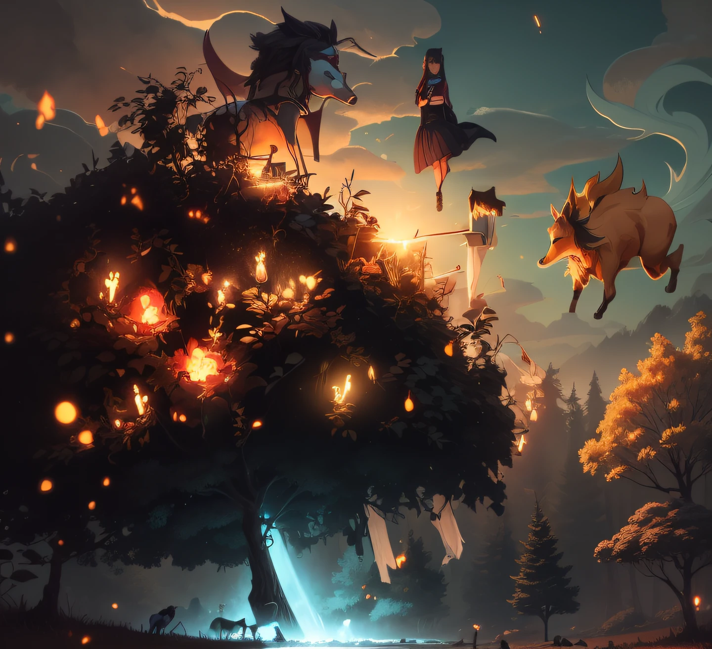 A demon tree，two Girl，A red fox and a cow --auto