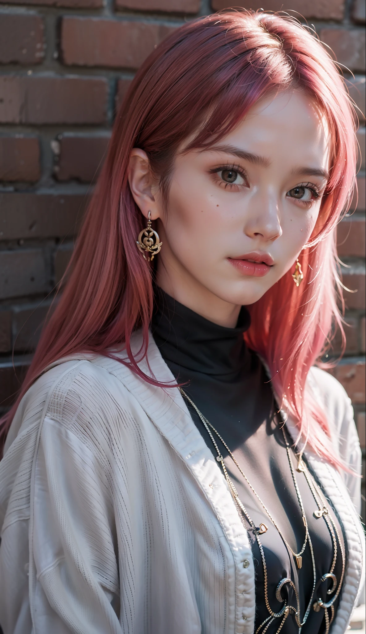 (masterpiece, best quality, 1girl, solo, intricate details, chromatic aberration), realistic, ((medium breath)),long hair, pink hair, red head ornament, pink highlights, hair over one eye,purple eyes, earrings, sharp eyes, choker, neon shirt, torn legwear, open jacket, turtleneck sweater, night,against wall, brick wall, graffiti, dim lighting, alley ,look at viewer, (photorealistic:1.5), (RAW photo, 8k uhd, film grain),
