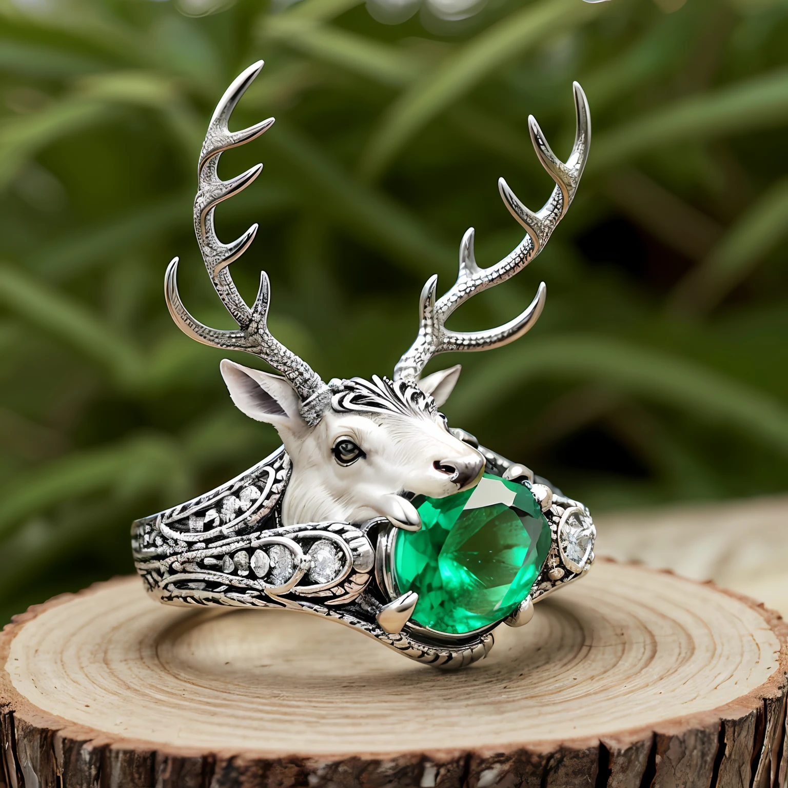 Design a ring，An emerald ring，antler，Gemstone texture，An emerald is sandwiched between the antlers，This gorgeous and powerful emerald ring features a delicate buck head and antler design，Symbolizes strength and grandeur， This ring is made from lustrous platinum，Exudes an aura of luxury and splendor，Intricate details set with brilliant diamonds，It adds a dazzling light to this piece，The head of the buck is cleverly depicted，Capture its majestic and powerful presence，The antlers gracefully hold a precious emerald gemstone，Its vivid green color exudes a mysterious and enchanting glow，The emerald snuggles subtly on the antlers，Symbolizes the glory and power of the stag，The surface of the gemstone reflects its luster，Reminiscent of dense forests and verdant meadows，Evokes a feeling of vitality and rejuvenation，This ring is more than just a piece of jewelry，It also represents a symbol，It embodies the power and energy of nature，It conveys a sense of protection and protection。 --auto