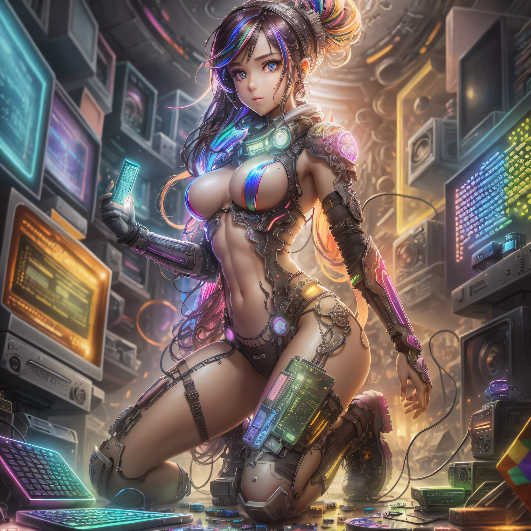 Illustration, ultra-detailed 8K, realistic, clear focus, highly detailed, professional lighting, colorful details, rainbow colors of super long shots of apocalyptic ruins, microchips, computers, luminescence, intricate details, full body proportions in front of the viewer, navel --auto --s2
