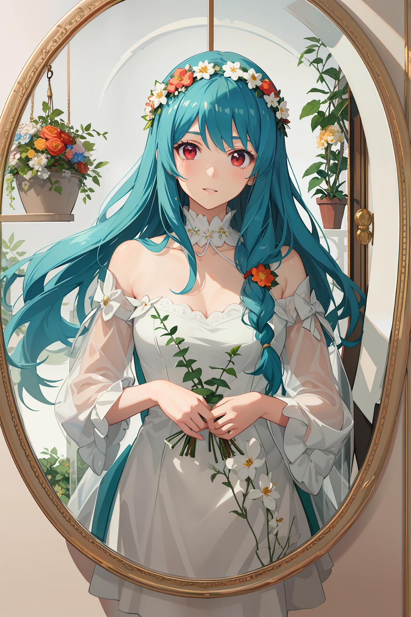 ((best quality)), (), (illustration anime), (detailed light), (an extremely delicate and beautiful), a girl, cute face, long emerald hair, crimson red eyes, plant house, glass [(white background:1.5),::5],simple background, wreath, (round floral framed:1.5),cropped shoulder, upper body,