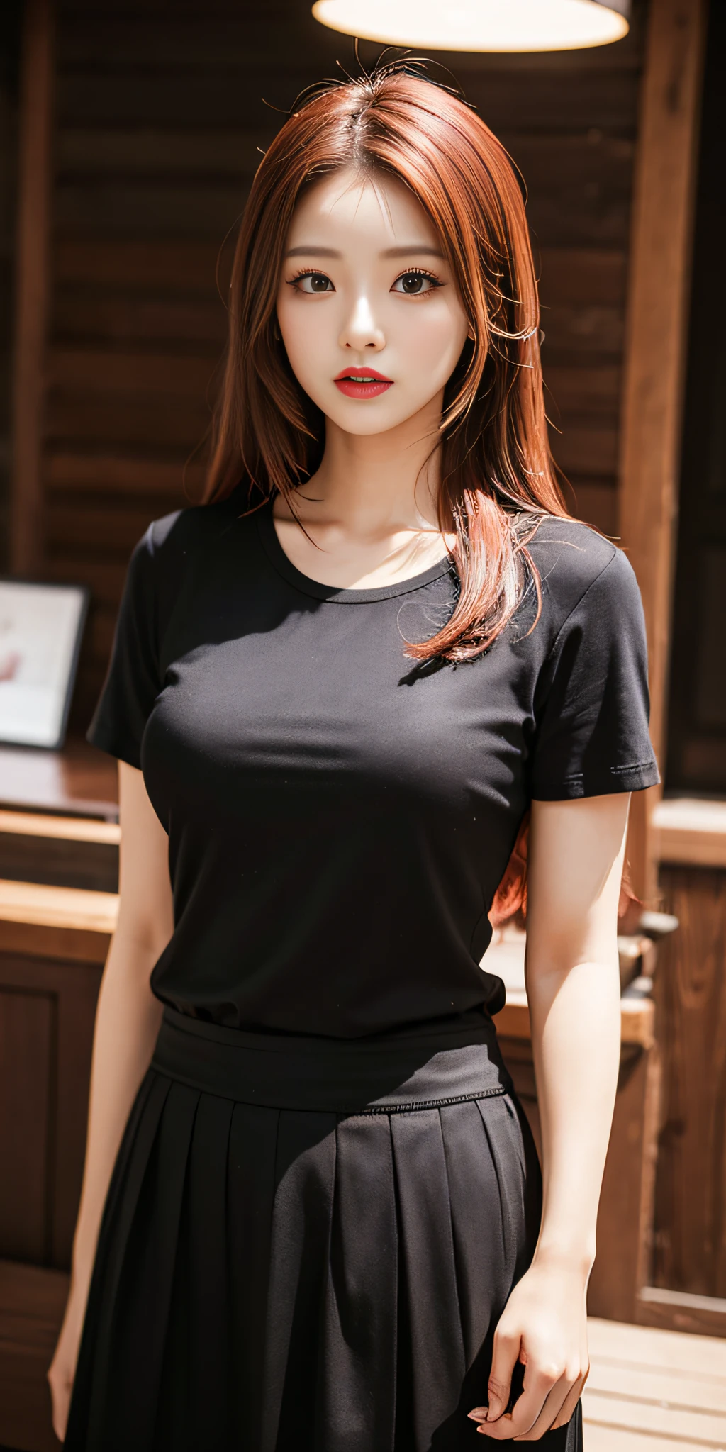 Bishōjo college student, masterpiece, light makeup, red lips, red hair, messy long hair, pure background, beautiful, elegant. Ultra fine details, masterpieces, realistic texture, cinematic lighting realism, perfect work, 8k, high-definition, exquisite facial features, black shirt, black buttocks skirt, and exquisite curves