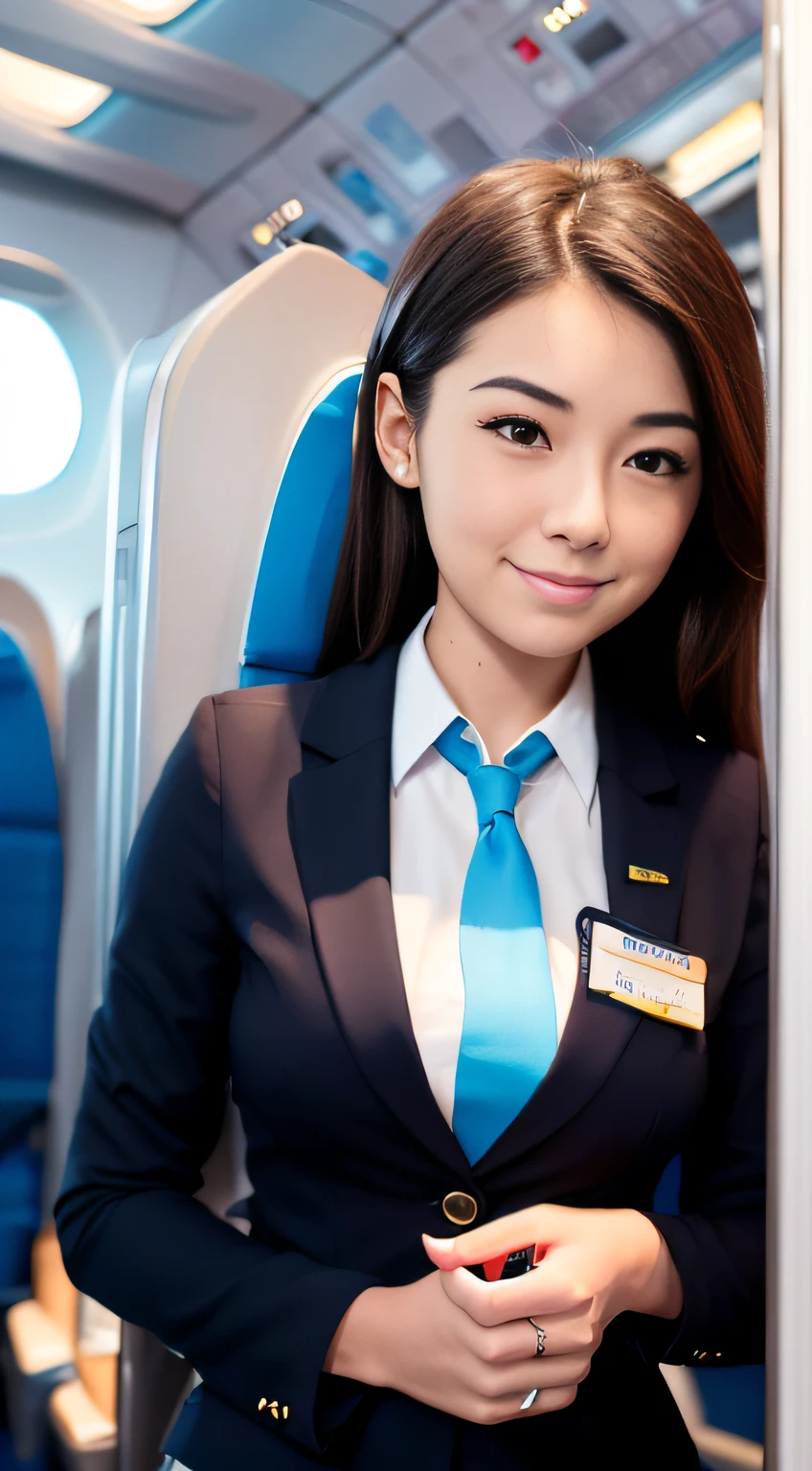 A girl in a flight attendant's uniform is inside a plane