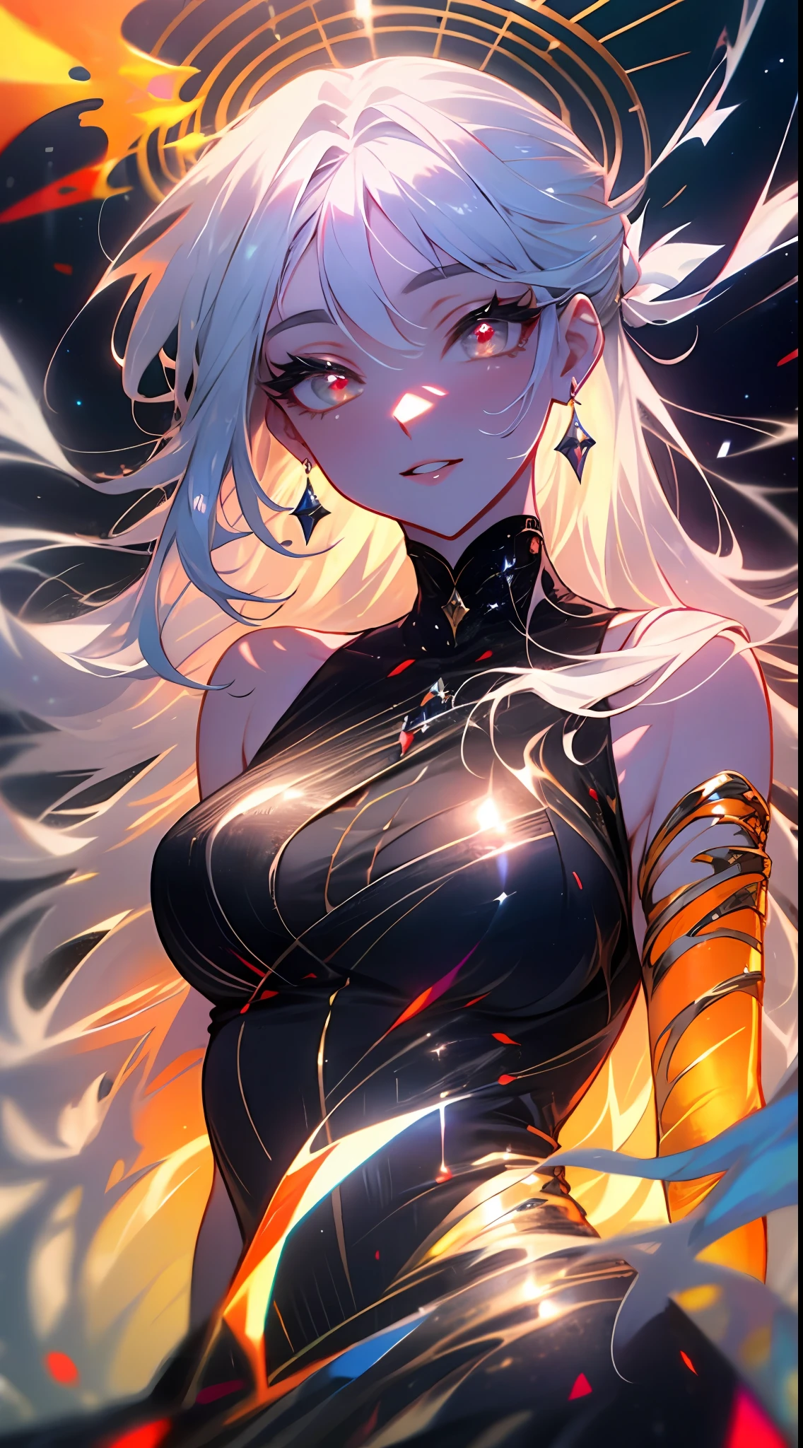 (simple hands:0.5)+(detailed hands:0.7), (masterwork), (best quality), white hair, red eyes,1girl, pale skin, white hair, red eyes, two tone hair, eyelashes, bracelet, jewelry, smile, gleaming skin, shiny hair, detailed and majestic stage, Fantasy, Long Hair, 1 girl, two-tone hair, night sky, Incredibly detailed CG illustration masterpiece, looking at you, anime, beautiful anime eyes, beautiful detailed eyes, eyes, glittering eyes, red eyes, galaxy, nebula, (full body), (curvy), POV, wet neckline, (thick thighs), 4k hd, ultra realistic, perfect body, perfect lips, perfect nose, perfect eyes, looking at the viewer, dress, elegant dress, Soft Dress, Long dress, Neon, Neon Lights, Bright Colors, Detailed Dress, Neon Dress, Elegant Dress, (Strapless Dress), (Sleeveless Dress), White Dress, Bridal Dress, Gold Trim, Toga, Angelic, Halo