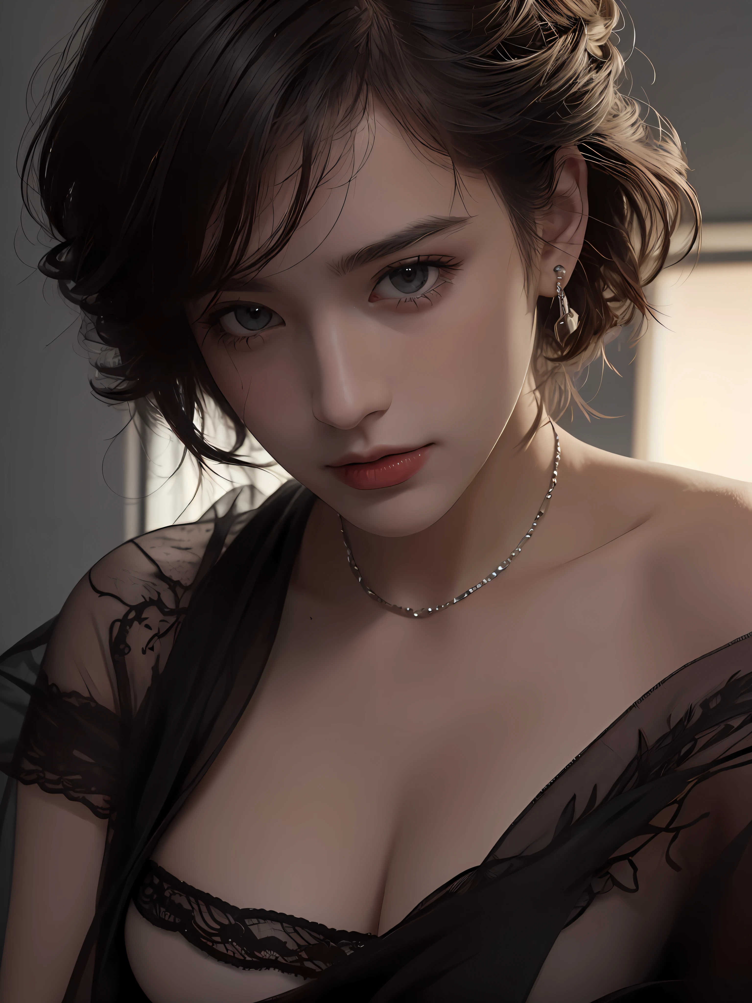 Best quality, masterpiece, ultra high res, (photorealistic:1.5), raw photo, 1girl, offshoulder, in the dark, deep shadow, low key, cold light, sexy look, short hair