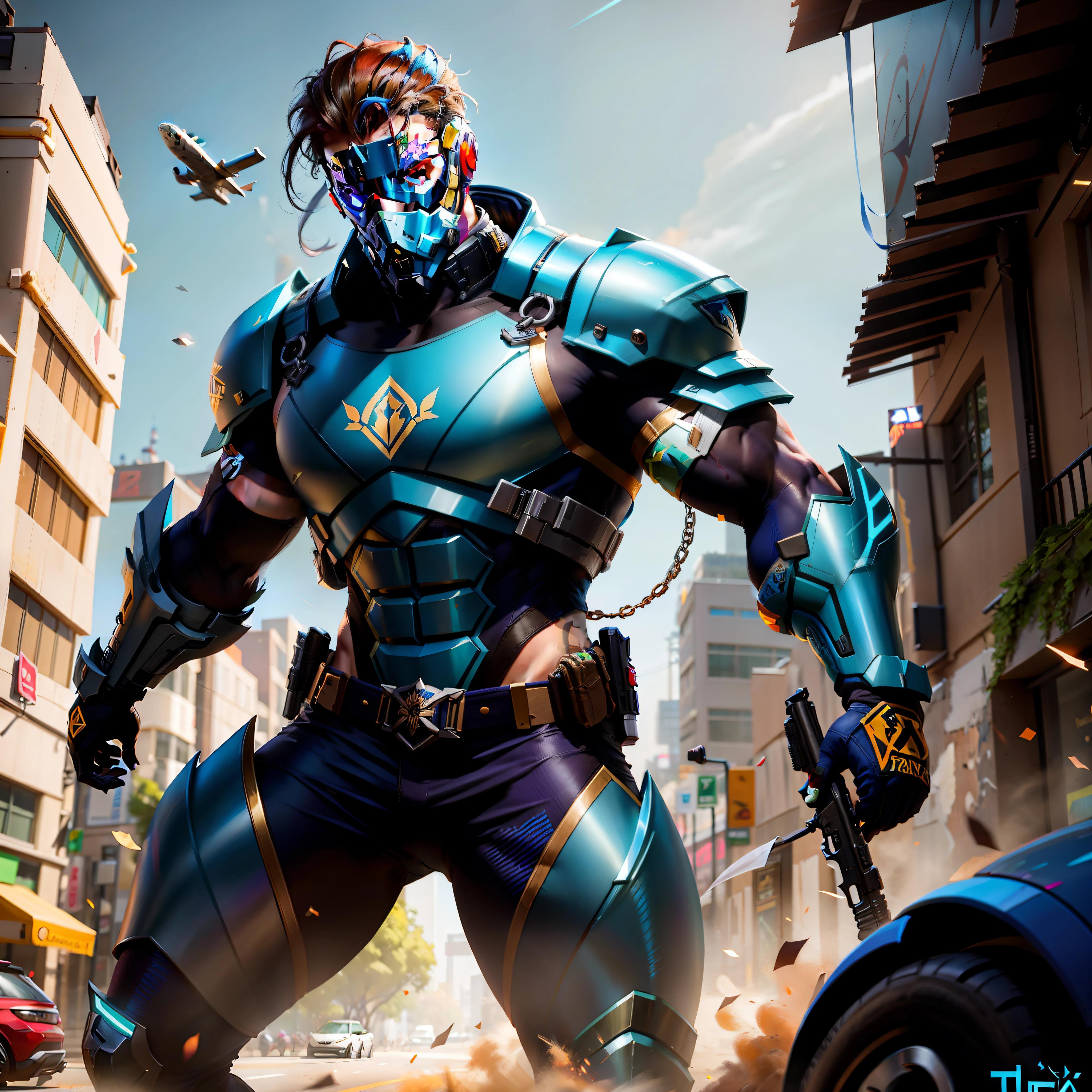 Homem de terno azul com arma em uma cidade, atraente macho de carne com armadura, Wojtek FUS, trending on artstation hd, Trending on ArtStation 4k, octane trending on cgsociety, octano. Trending on ArtStation, Trending on ArtStation.', trending in Artstation, trending on artstation hq, Trending on ArtStation:3