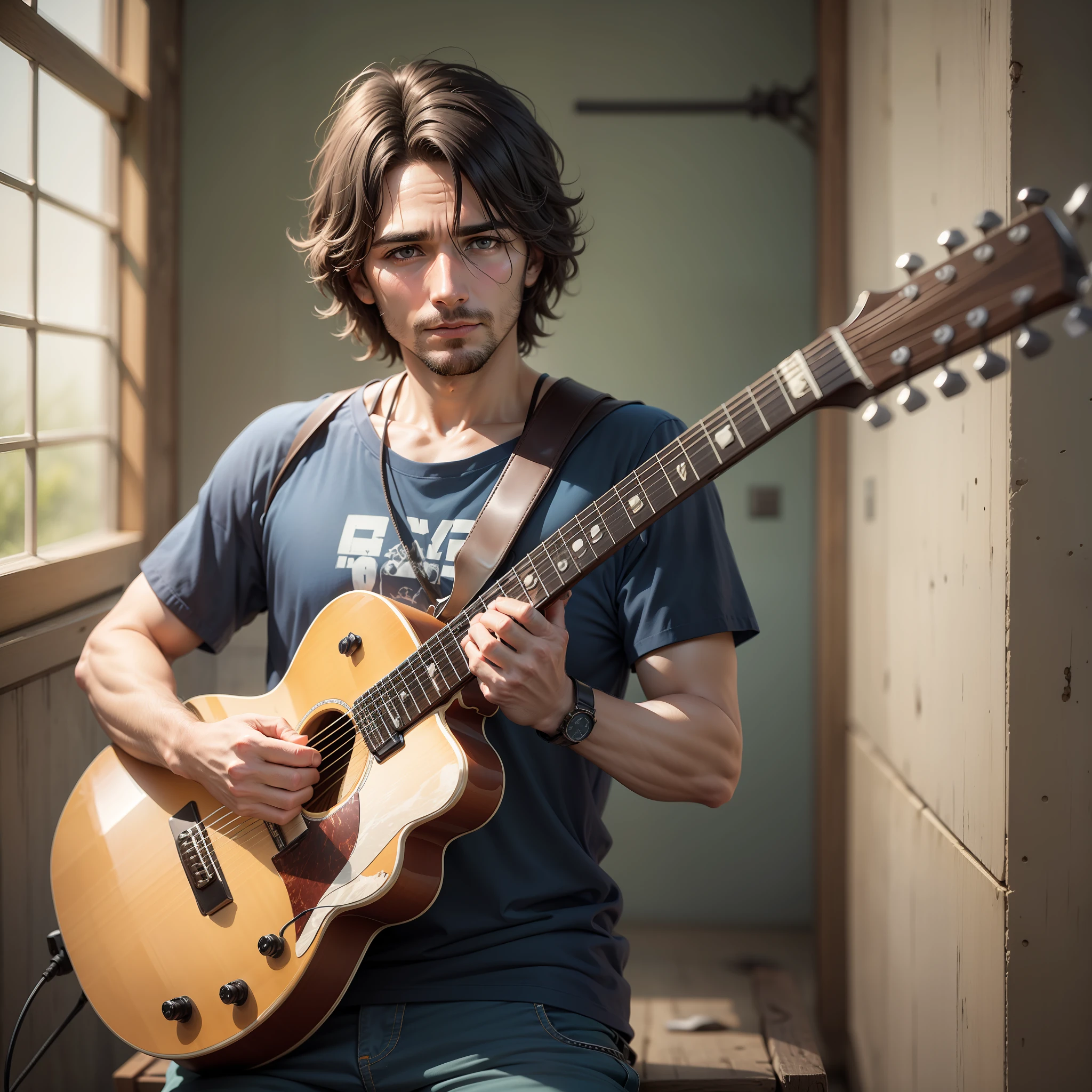 Crie uma imagem de um homem de 35 anos de idade, with guitar in his arms, olhando pra frente, Looking at the camera