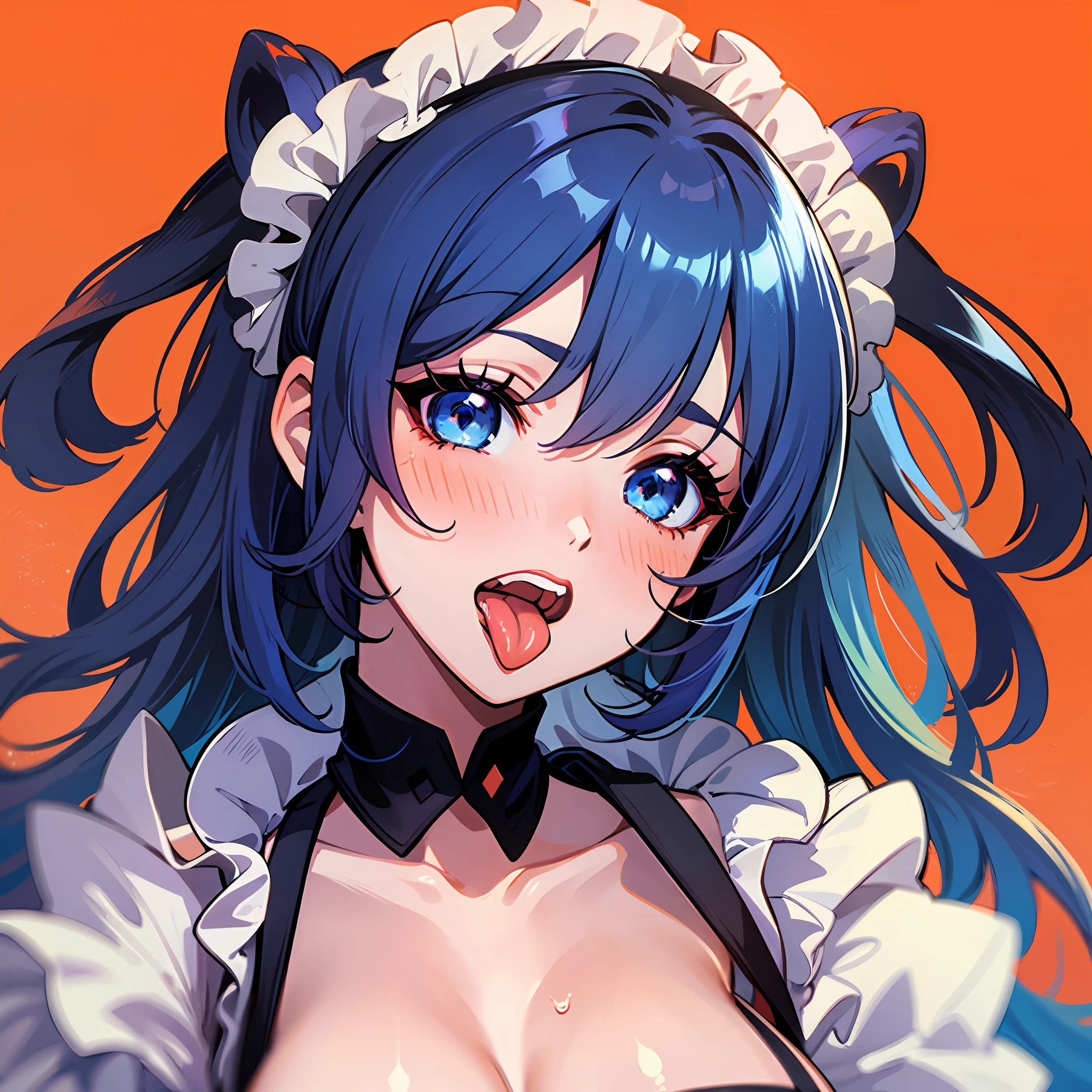 an anime girl with blue hair sticking out her tongue while making a face, 1girl, tongue, blue eyes, blush, open mouth, looking at viewer, orange background, black hair, saliva, maid, breasts, solo, tongue out, collarbone, cleavage