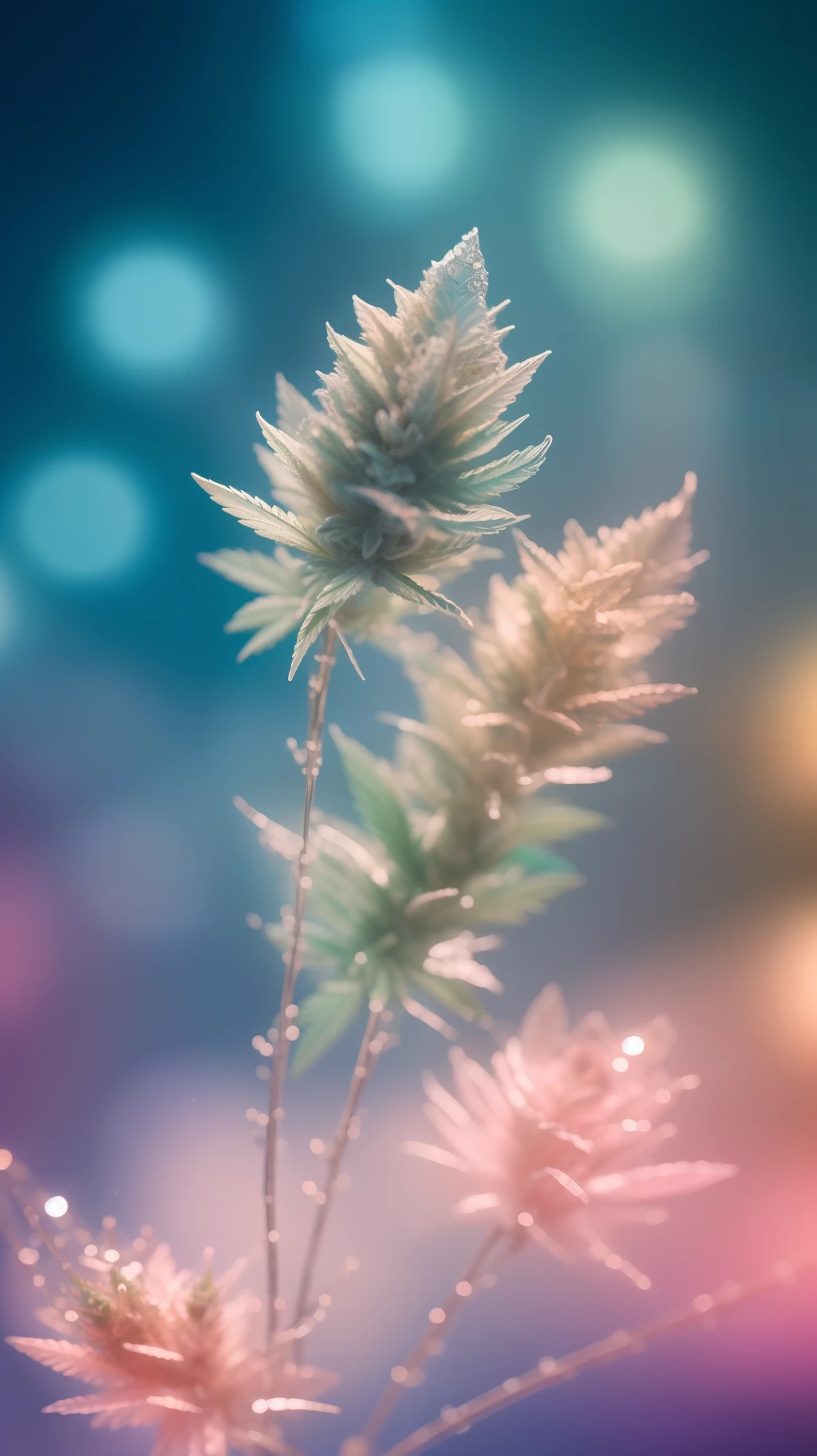 Crystal fantasy, Cannabis, Marijuana, Full-color,  colored, haze, toe-up, neon, countless crystal feathers flutter in the air,
fantasy, galaxy, transparent, shallow depth of field, jade bokeh, sparkling, sparkling, stunning, colourful,
Magical Photography, Dramatic Lighting, photo realism, Ultra Detail, 4K, DOF, High Resolution