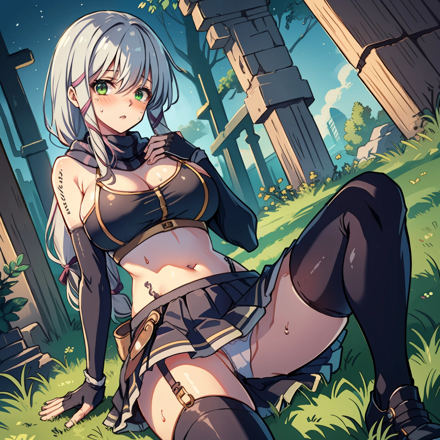 master masterpiece, beste Quality, Stuck in the ground, Legs Spreading, Watch viewer, １Girl of Man, Night background、Grottoes, ancient ruin, Rocky ground, Claira Rasbird, long pony tail, ribbons in the hair, Striped scarves, Black dress, CORSET, belts, fingerless gloves, Thigh boots, erotic,, A sexy,Belly Navel, Open Costume, panty shots、White panties exposed、ginormous breasts、Transverse breasts、Green bra、Bra Exposure、short skirts、Skirt pull up、wide open cleavage、Underboob、Skin is exposed、blushing、Surprised look、Sweating on the skin、