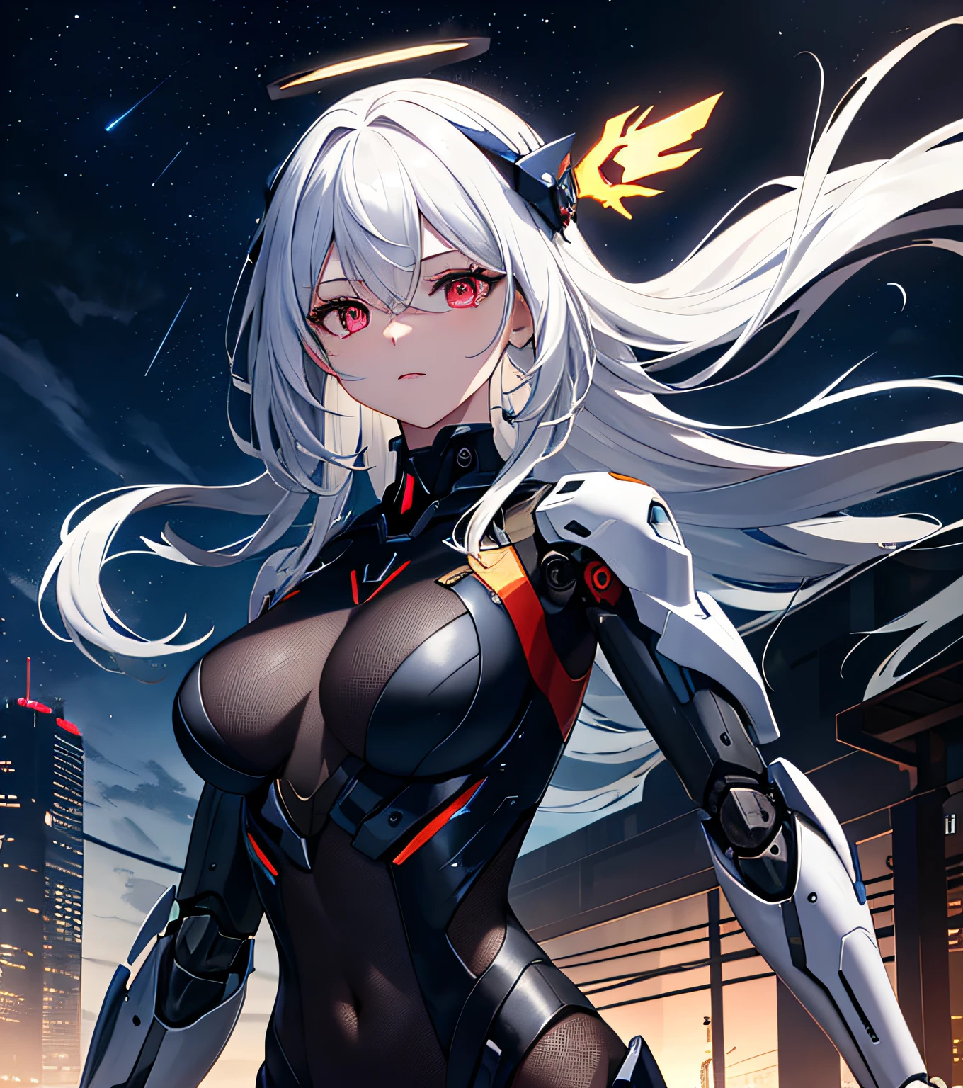 masterpiece,best quality,ultra-detailed,very detailed illustrations,extremely detailed,intricate details,highres,super complex details,extremely detailed 8k cg wallpaper,cowboy shot, caustics,reflection,ray tracing,demontheme,nebula,dark aura,cyber effect, (1girl:1.4),solo,alone,mecha musume,mechanical parts, robot joints,single mechanical arm, headgear, mechanical halo,star halo,intricate mechanical bodysuit, mecha corset, full armor, very long hair,white hair, hair between eyes, multicolored hair, colored inner hair, red eyes,glowing eye,eye trail, random expressions,random action, ancient japanese architecture,pond, starry sky,skyline,