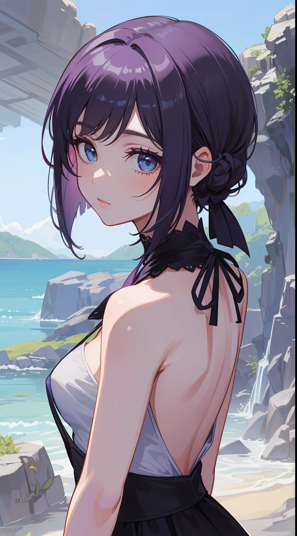 1girl, wearing a saintess clothes, dark-purple short hair style split flowers, sharp blue eyes, she is milf, her hair is tied up beautifully with a cute clip, beautiful scenery art colour ((37 year old face)) ((no multiple people))