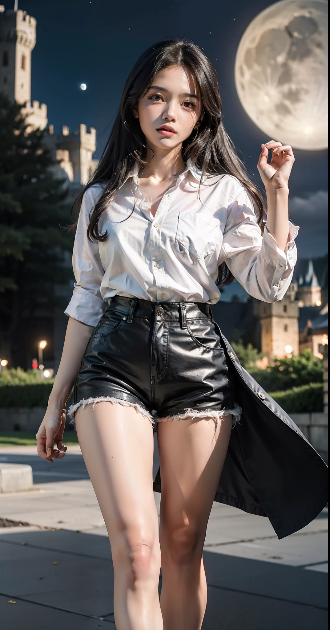 Highly detailed, High Quality, Masterpiece, beautiful, 1girl, solo, black hair, long hair, red eyes, shirt, white shirt, shorts, short shorts, black shorts, cloud, moon, Hogwarts, (castle hill:1.4), night sky, stand on street, shooting star, (strong pose:1.4)