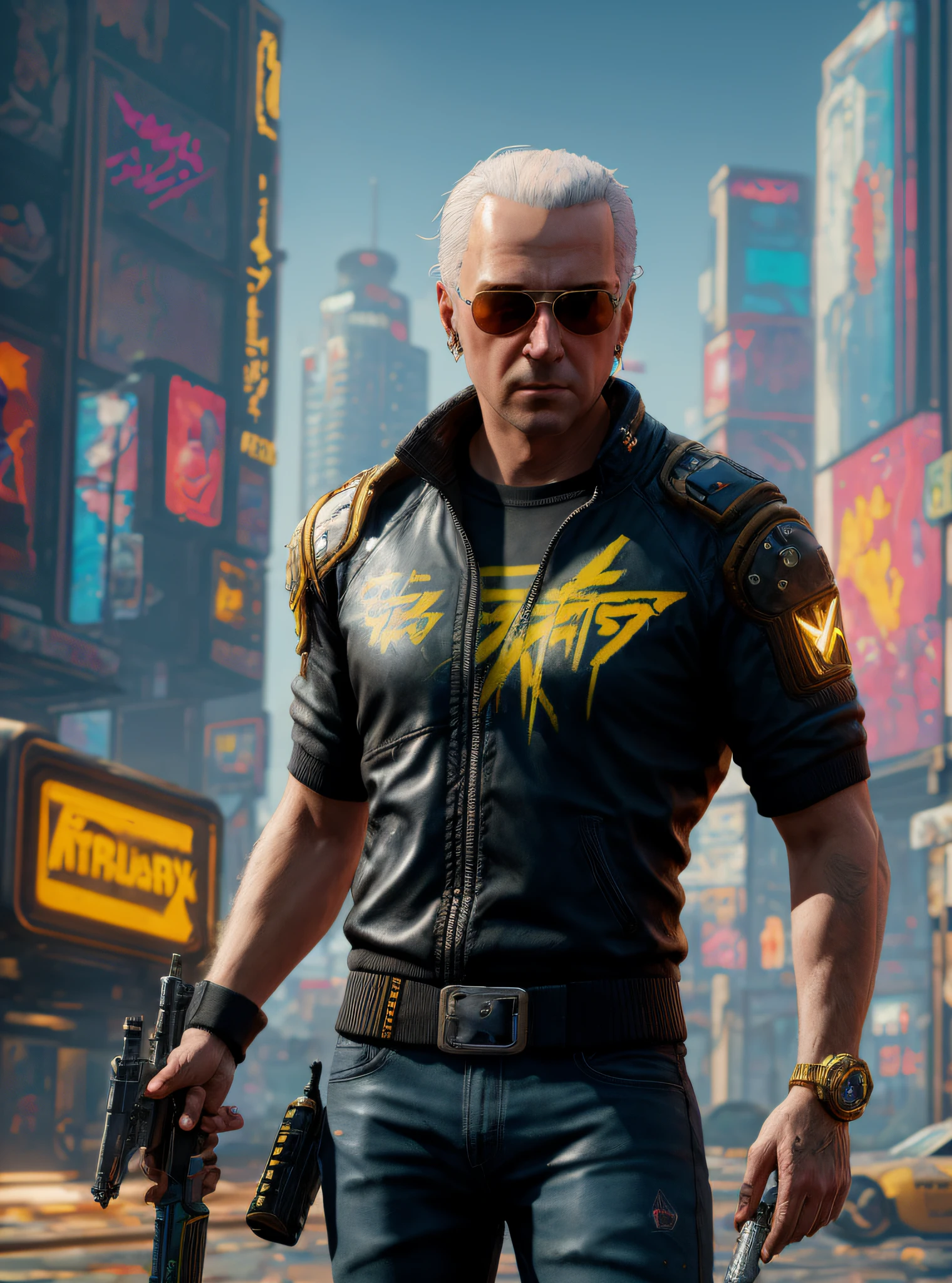 a painting of a Trump, background, style of cyberpunk 2077, band of gold round his breasts