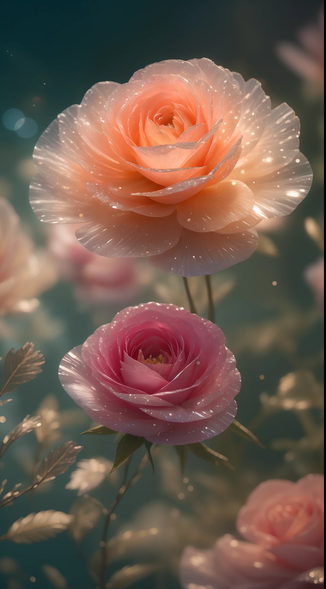 Crystal fantasy, Roses, Peonies,poppy, Coloured, Gold touches,  toe-up, neon, countless crystal feathers flutter in the air,
fantasy, galaxy, transparent, shallow depth of field, jade bokeh, sparkling, sparkling, stunning, colourful,
Magical Photography, Dramatic Lighting, photo realism, Ultra Detail, 4K, DOF, High Resolution