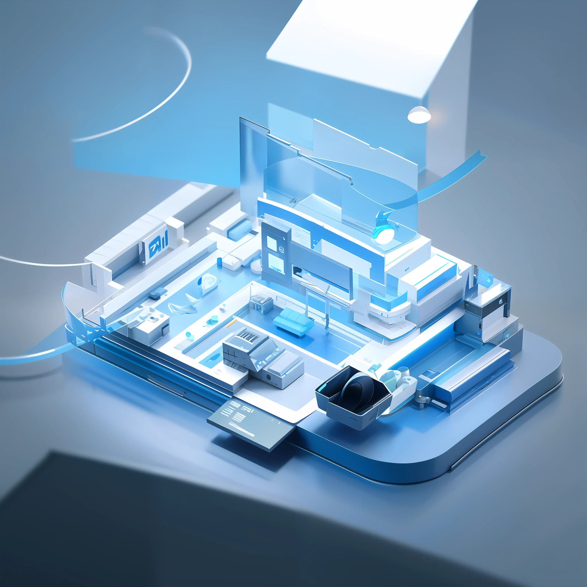 smart city，Information Data，Axisymmetric，Skeuomorphism，beste Quality, minimalist,8k,BLENDER, OCTANE RENDER,C4D, Clear glass texture,blue colors、green,Frosted glass,Transparent sense of technology,industrial design，,WHITE BACKGROUND,lamplight,