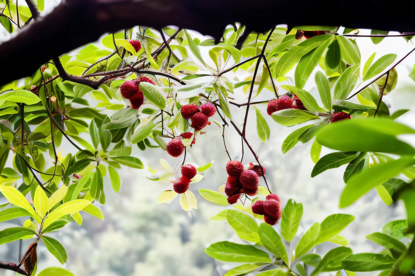 Many arbutus hang from the branches, Arbutus internal structure, "Arbutus,  jungle fruit, With bayberry trees, berries dripping, beautiful nature,Cyberpunk Style，oil painting style --auto