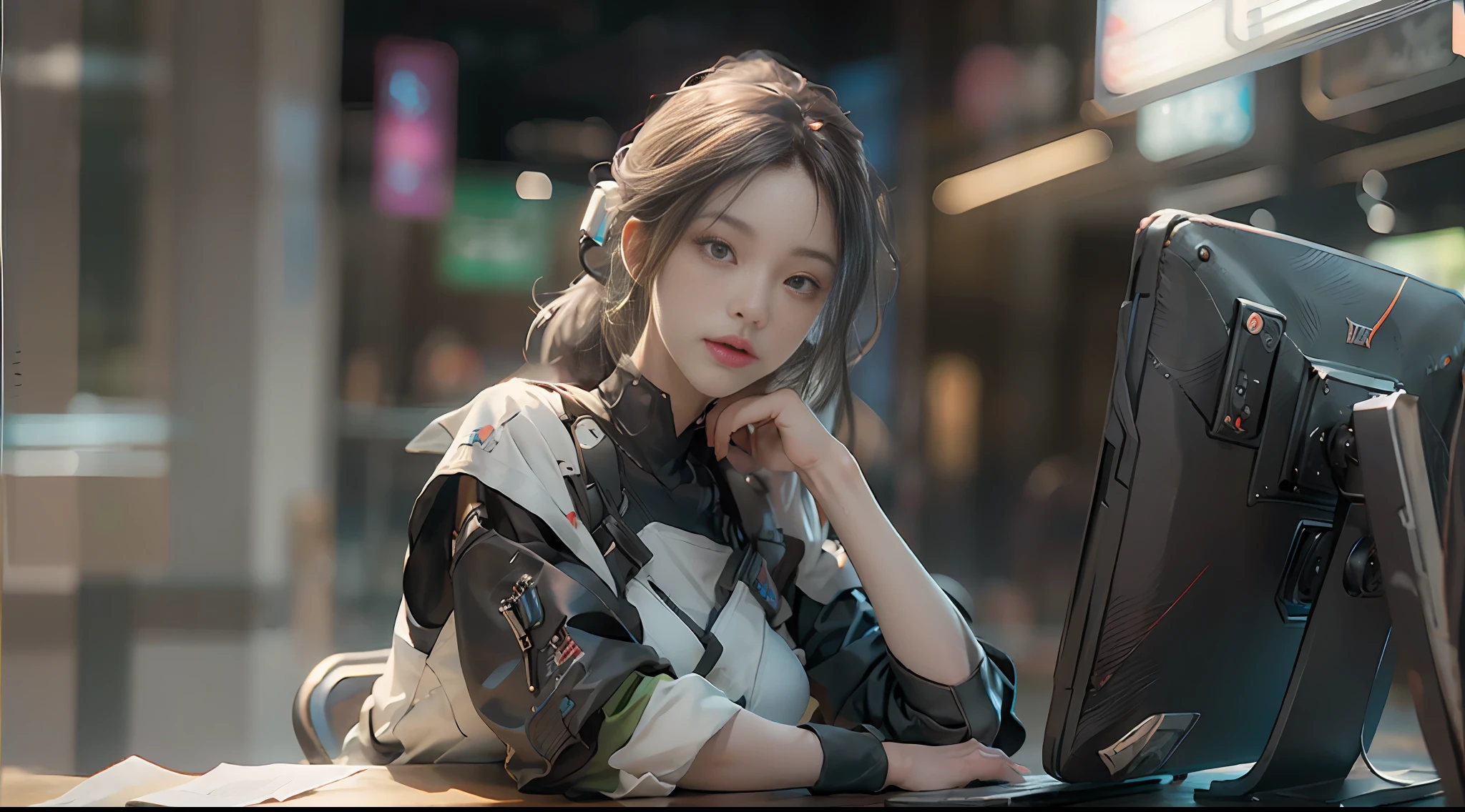 ((Best quality)), ((masterpiece)), (detailed:1.4), 3D, an image of a beautiful cyberpunk female,HDR (High Dynamic Range),Ray Tracing,NVIDIA RTX,Super-Resolution,Unreal 5,Subsurface scattering,PBR Texturing,Post-processing,Anisotropic Filtering,Depth-of-field,Maximum clarity and sharpness,Multi-layered textures,Albedo and Specular maps,Surface shading,Accurate simulation of light-material interaction,Perfect proportions,Octane Render,Two-tone lighting,Wide aperture,Low ISO,White balance,Rule of thirds,8K RAW,