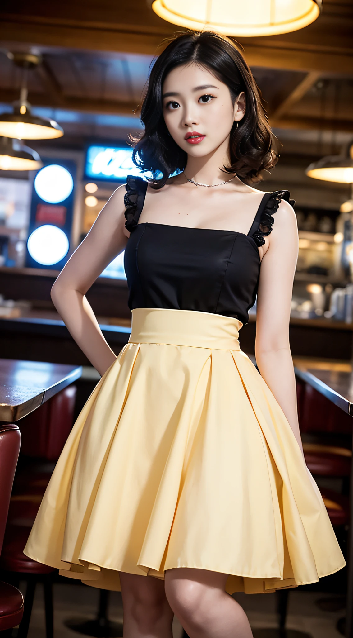 1girl dressed in a 1950s-inspired dress, complete with a full skirt and petticoat, her hair styled in classic pin curls. She should be seated at an old-fashioned diner, surrounded by vintage details like a jukebox, chrome accents, and neon signs. Her eyes should be sparkling with excitement, her skin flawless and glowing under the soft, dramatic lighting. This scene should be captured on 35mm film, with a beautiful depth of field and a slightly blurry, nostalgic background,