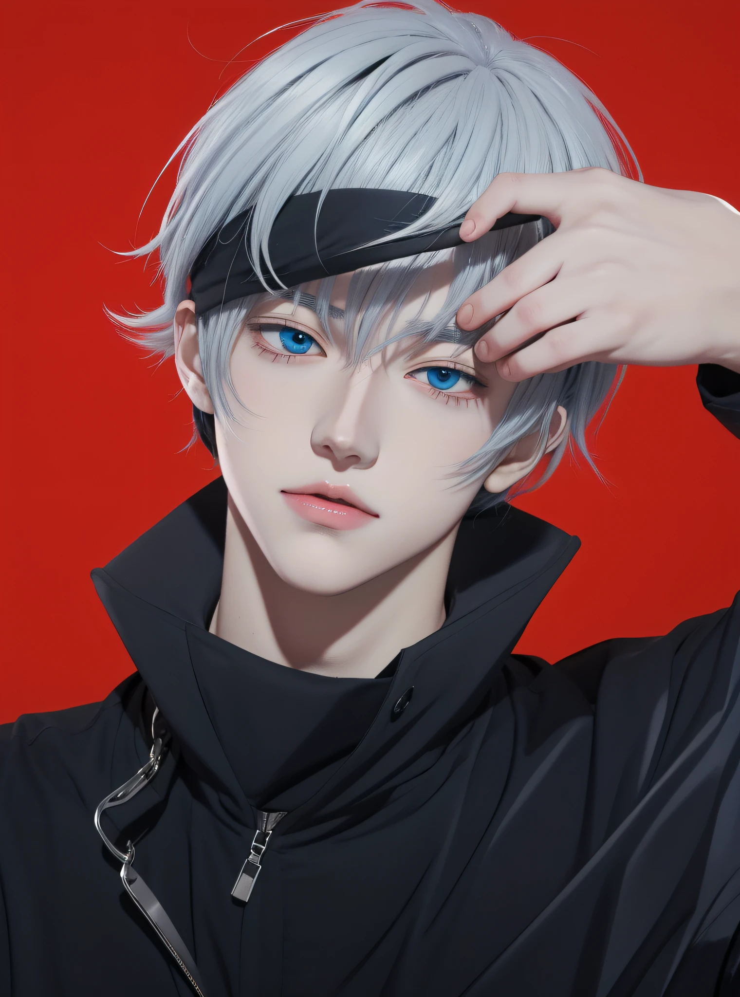 Anime man with white hair and blue eyes, tall anime guy with blue eyes,, 2 d anime style, spear, he has dark grey hairs, zerochan art, white haired, zerochan, Male live-action anime style, male anime character，Anime realistic style