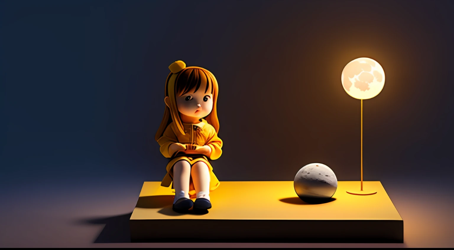 Super simple design,Mini scene,A cute girl sitting on the moon,Yellow cartoon moon,(俯视45度视角),Correct light and shadow