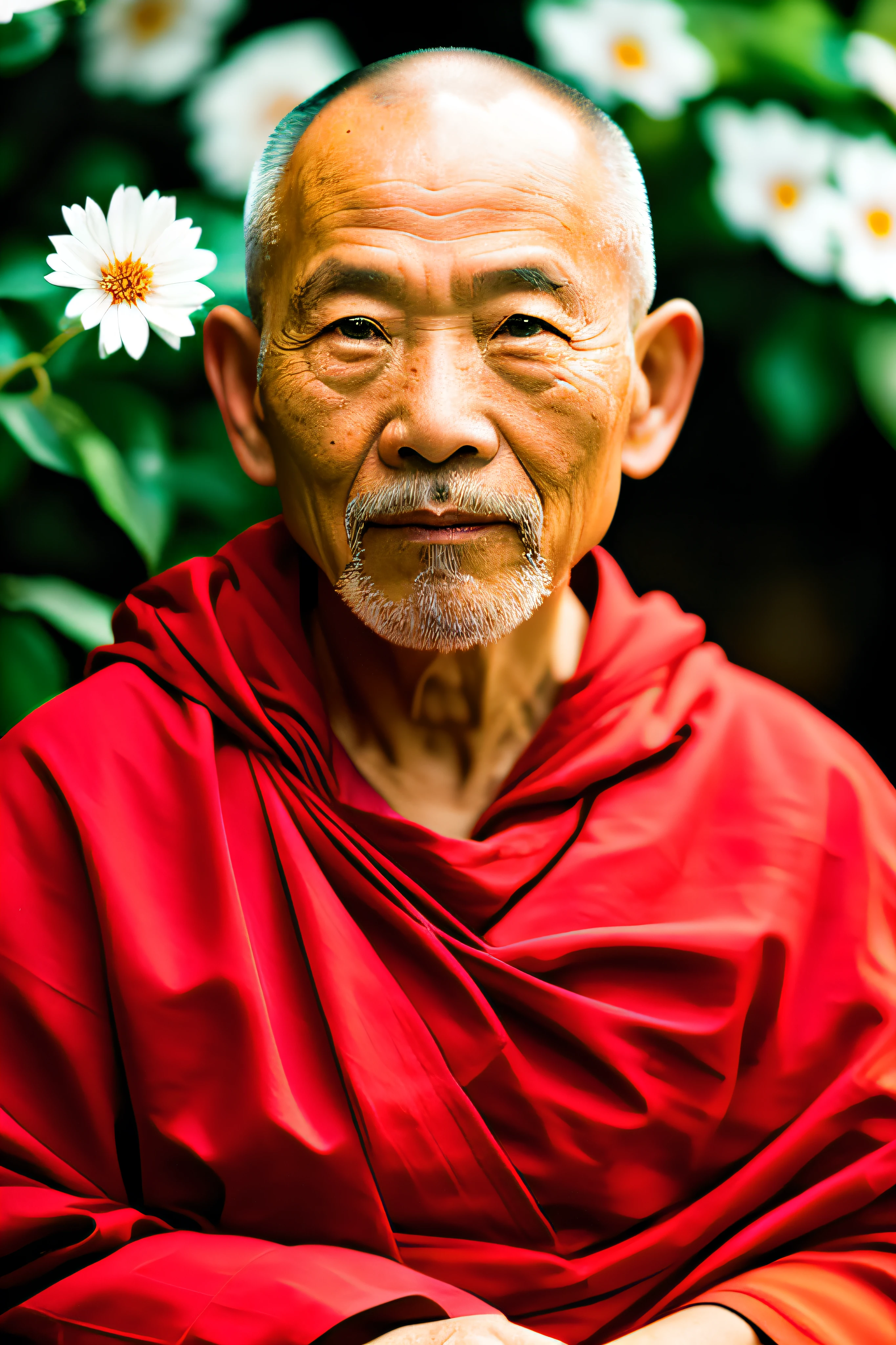 Muscular old Asian monk sits cross-legged in an patch of flowers with his eyes opens in deep meditation, wearing a hood and cape, his stoic expression remains unbroken, (extremely detailed CG), ((Realistic Shadows:1.2)), ((Realistic Lighting:1.1)), [Highest quality], (8K:1.1), ultra-detailed, ((perfect shadows)), best illumination, best shading, (masterpiece), (best quality:1.0), (ultra highres:1.0), well drawn body, (subject in focal point)