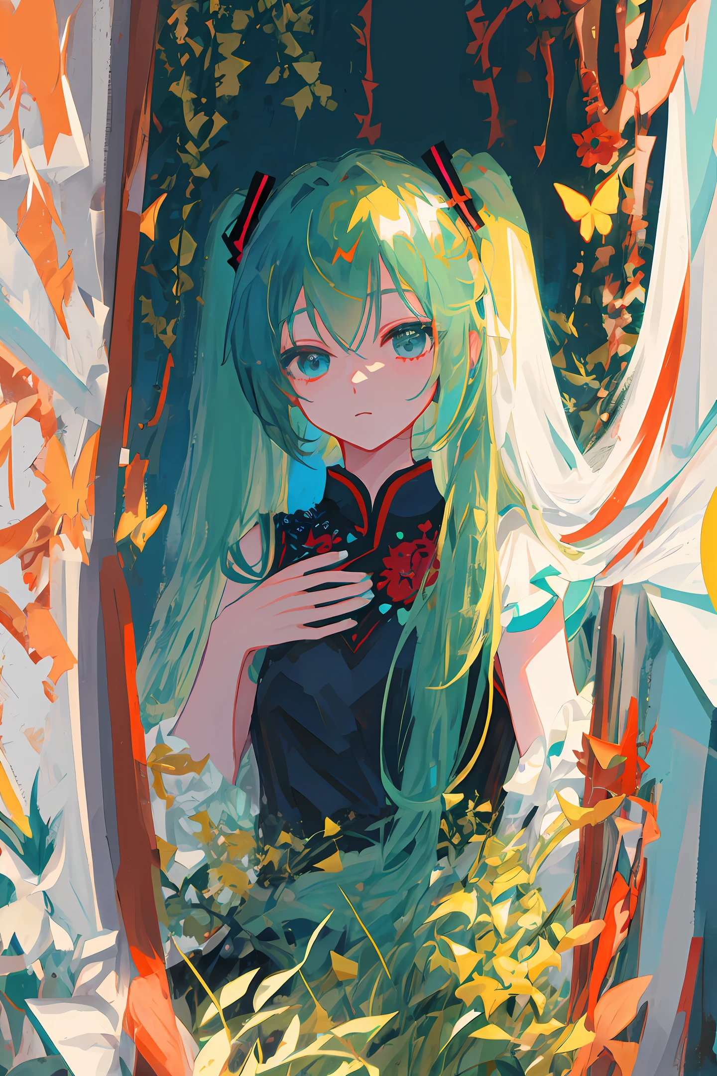 Hatsune Mirai，highest quality，The details are endless，Black-red thorns， fine Detail，Cute beautiful girl，Long blue-green hair，Messy hair，The blue-green eyes are delicate and alert，Black-red butterfly，Black cheongsam，Red transparent veil，Red-black flower clusters，Clear details，unlimited details，fragile，Behind the light，Super perfect，yanli，Exhibition Background，Ultra-fine work，gods，Rich in detail, unlimited details，Elegant，Absolutely beautiful，Hatsune Mirai，Hatsune Mirai，Hatsune Mirai（Hatsune Mirai）(master masterpiece) (A masterpiece) (Meticulous description) (Meticulous hair depiction) (Carefully portray the eyes) (Carefully portray the face) (Detailed portrayal of the human body) (Detail portrayal of the whole body)