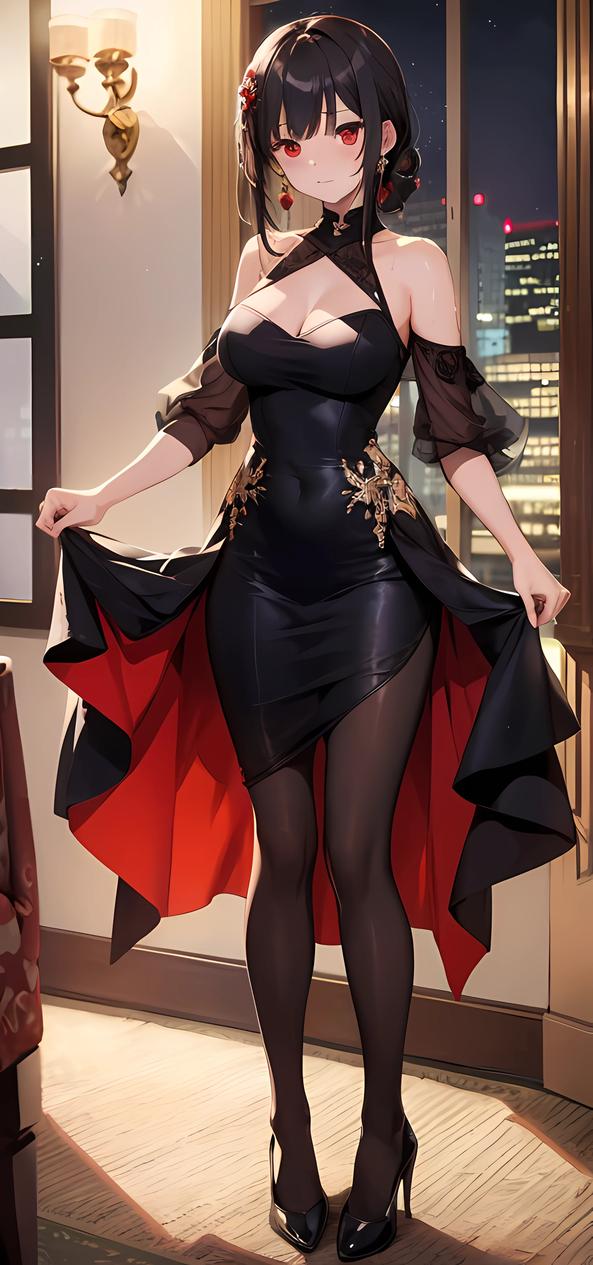 masterpiece, best quality, finely detailed, high resolution, extremely delicate and beautiful, (evening dress), (pantyhose), (breasts), (red eyes), (sweating)