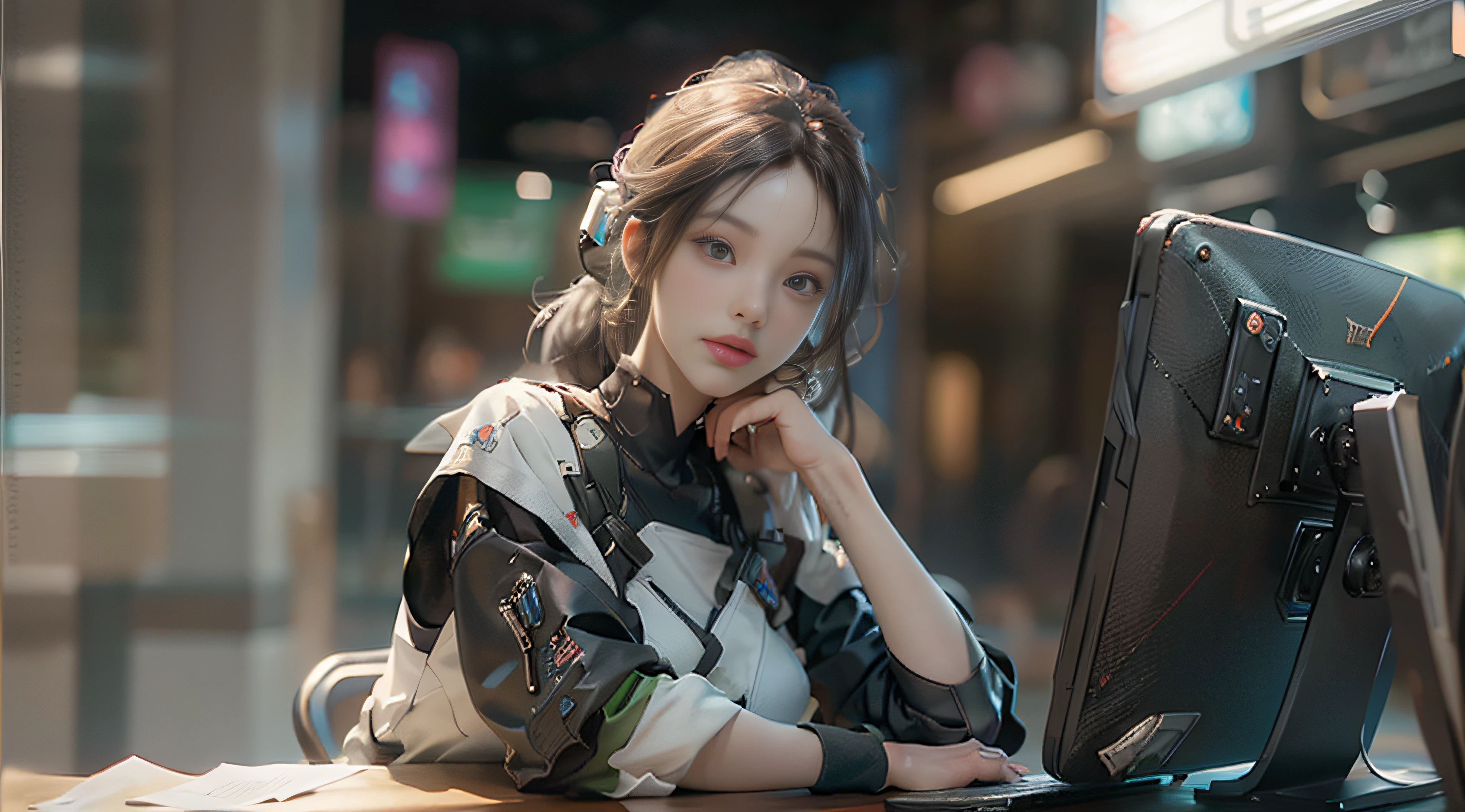 ((Best quality)), ((masterpiece)), (detailed:1.4), 3D, an image of a beautiful cyberpunk female,HDR (High Dynamic Range),Ray Tracing,NVIDIA RTX,Super-Resolution,Unreal 5,Subsurface scattering,PBR Texturing,Post-processing,Anisotropic Filtering,Depth-of-field,Maximum clarity and sharpness,Multi-layered textures,Albedo and Specular maps,Surface shading,Accurate simulation of light-material interaction,Perfect proportions,Octane Render,Two-tone lighting,Wide aperture,Low ISO,White balance,Rule of thirds,8K RAW,