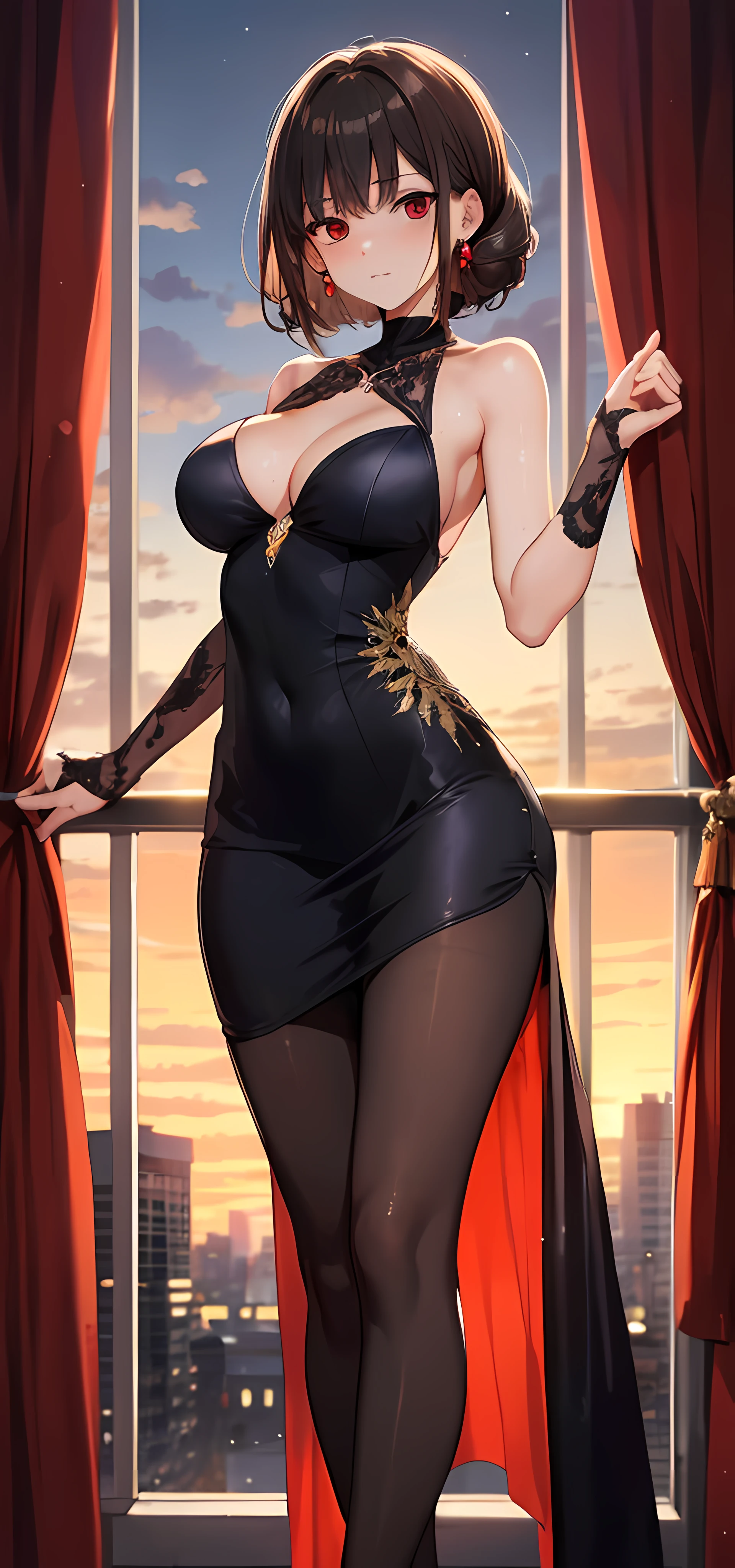 masterpiece, best quality, finely detailed, high resolution, extremely delicate and beautiful, (evening dress), (pantyhose), (breasts), (red eyes), (sweating)