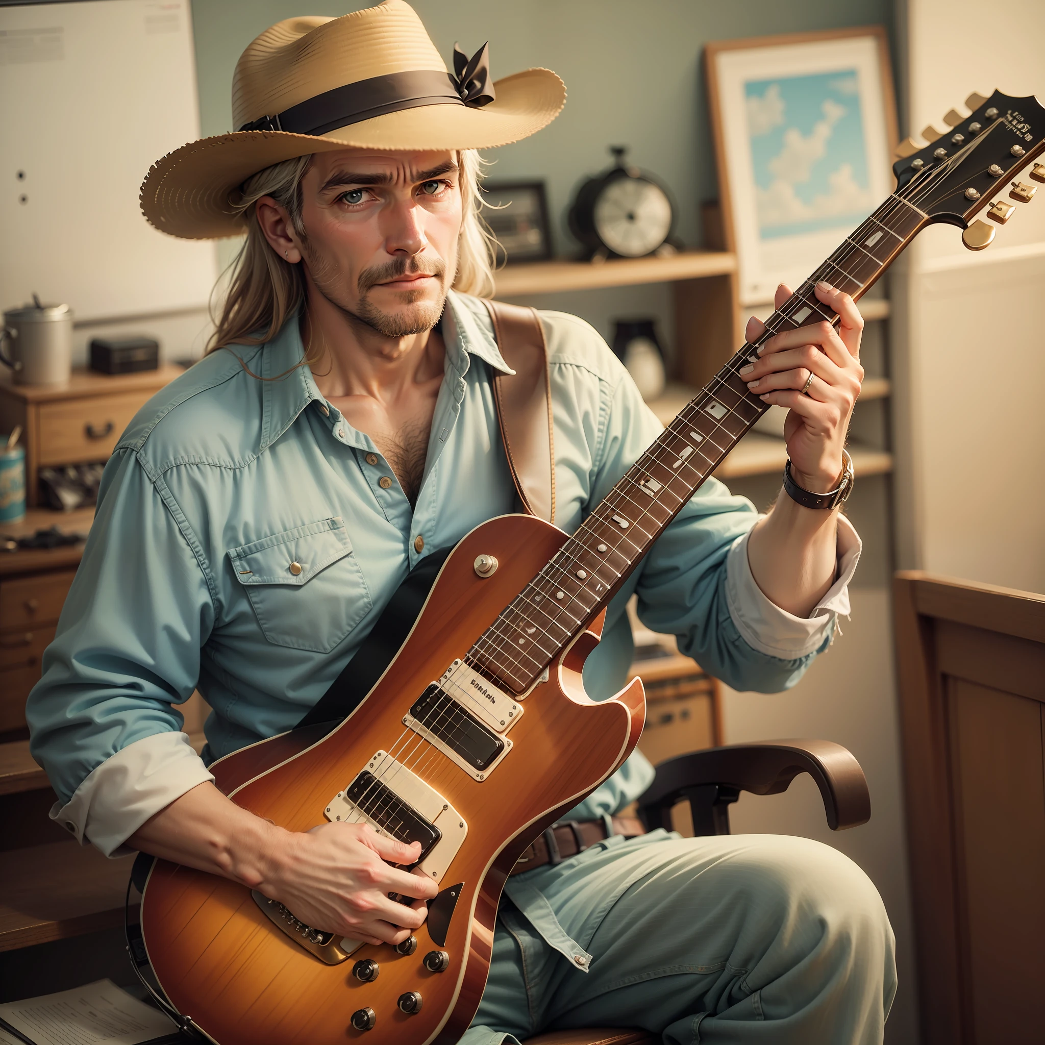Crie uma imagem de um homem de 40 anos de idade, with guitar in his arms, wearing country style hat, olhando pra frente, Looking at the camera