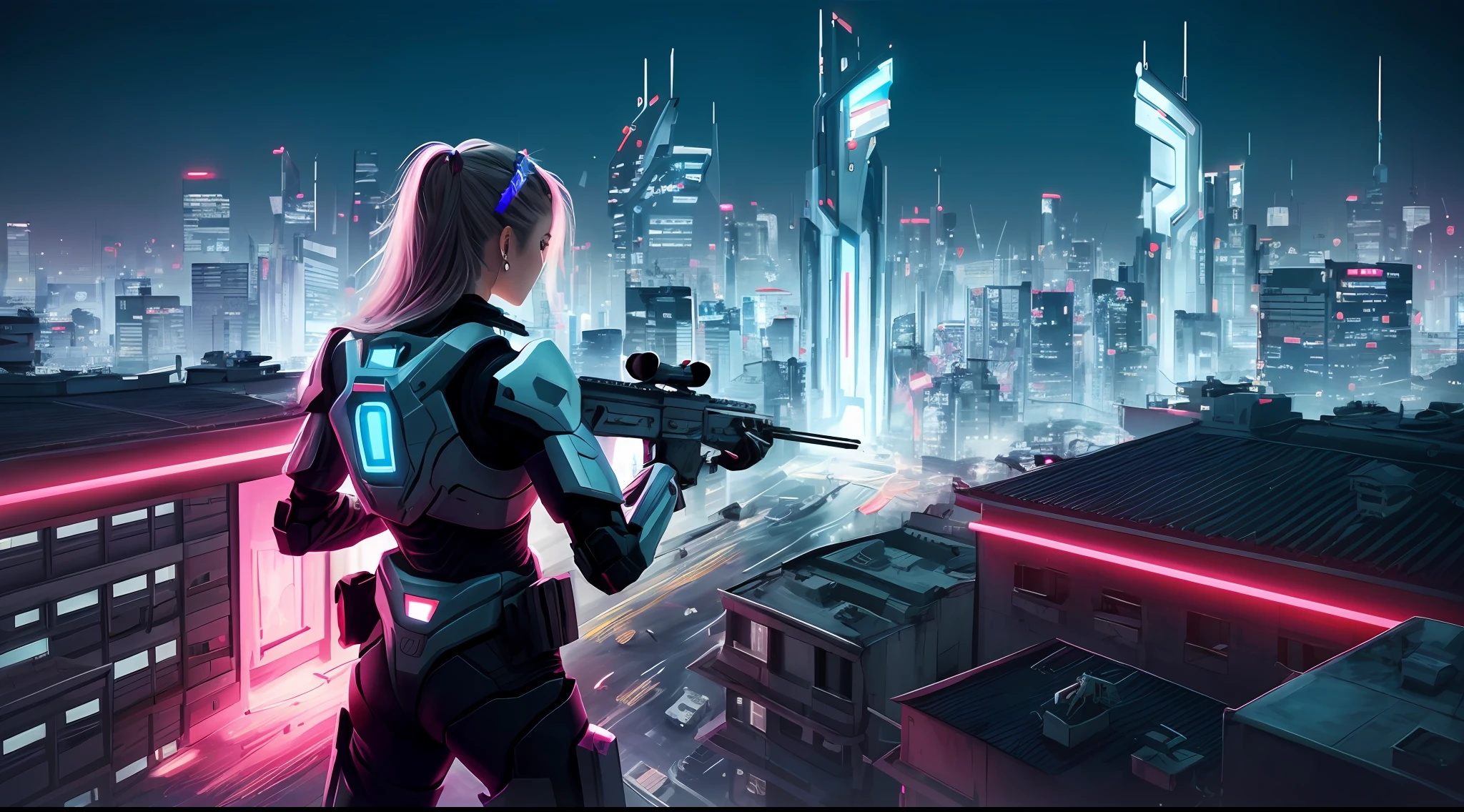 （非常详细的CG Unity 8k壁纸），（The best lighting，The best shades，extremely refined and beautiful），neon colors（super hero），Fly in a dynamic pose，（blue colors：1.2+pinks：1.2pai+A purple：1.2）Hair glows in the dark，full body showing，（Glowing suit），Neon lights and vibrant flashes，city skyline in the background，（length shot），（guangjiao）。cropped hair ，-haired woman with a gun on the back，from the back, Lying on the roof，full-body shooting，Take a sniper rifle and aim ahead，Cyberpunk mecha，