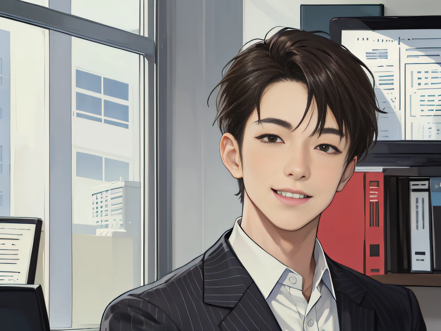 master masterpiece,bestbestquality,PhotoRealistic,1男生,Male focus,Tall and thin,morbid,yup,laughs,closed Mouth,business suits,Portraits,Extremely detailed face,office room,