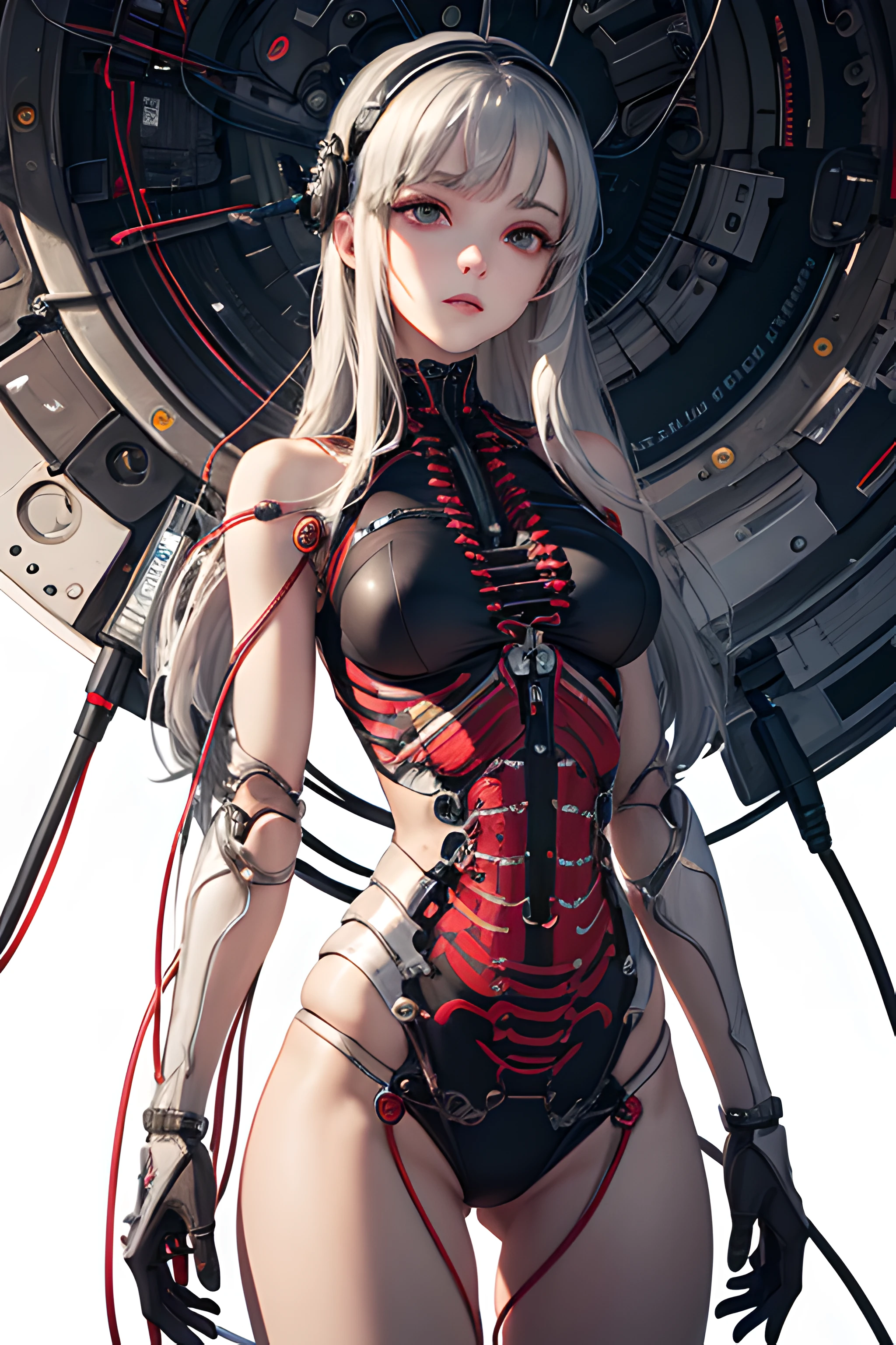 (((masterpiece))), (((best quality))), ((ultra-detailed)), (highly detailed CG illustration), ((an extremely delicate and beautiful)),cinematic light,((1mechanical girl)),solo,(cowboy shot:1.2),(machine made joints:1.2),((machanical limbs)),(blood vessels connected to tubes),(mechanical vertebra attaching to back),((mechanical cervial attaching to neck)),expressionless,(wires and cables attaching to neck:1.2),(wires and cables on head:1.2),(character focus),science fiction,extreme detailed,colorful,highest detailed, loongs,fengs,background,
