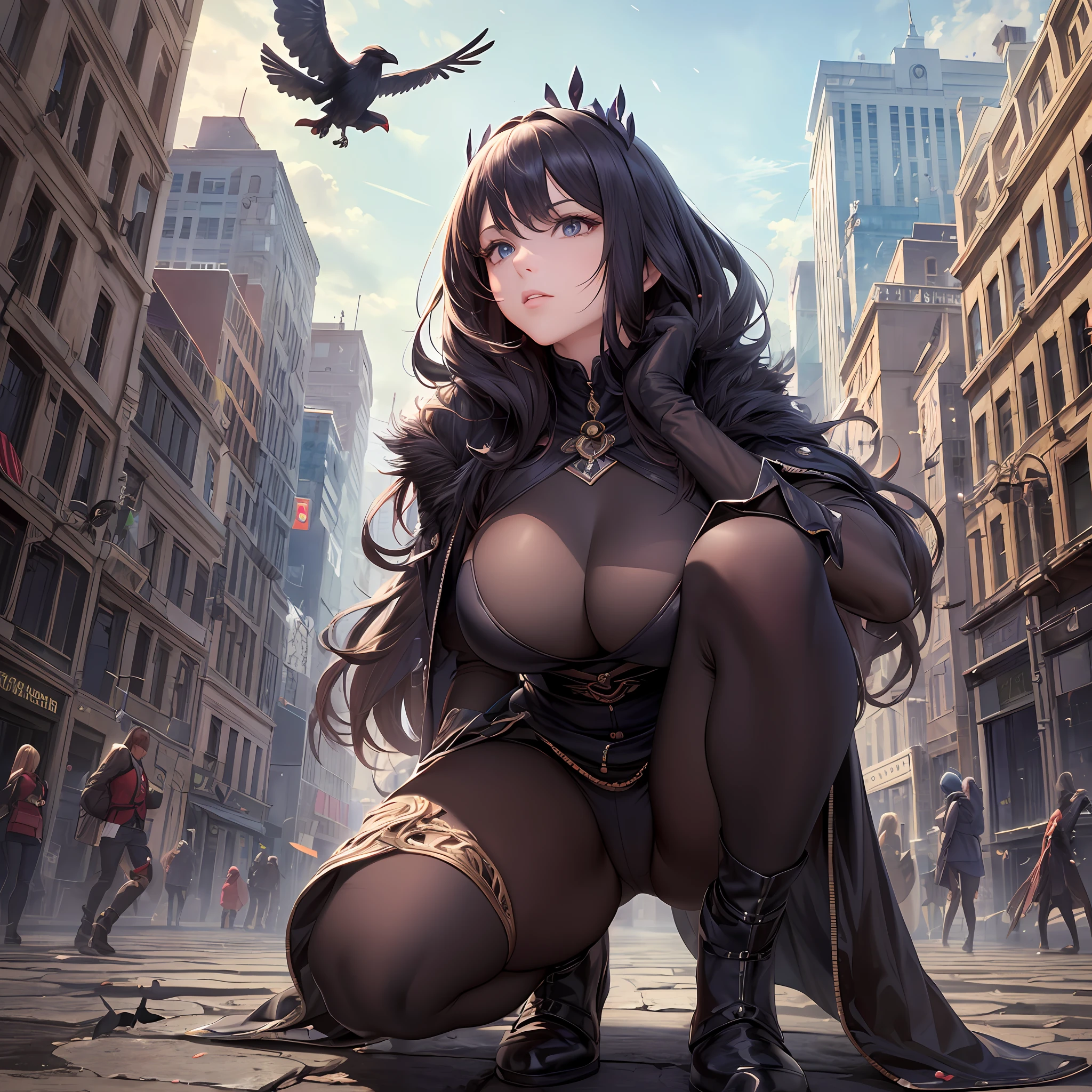 (Best Quality, 8k, 32k, Masterpiece, UHD:1.3) Beautiful woman crouching down saving a city from giant crows --auto --s2