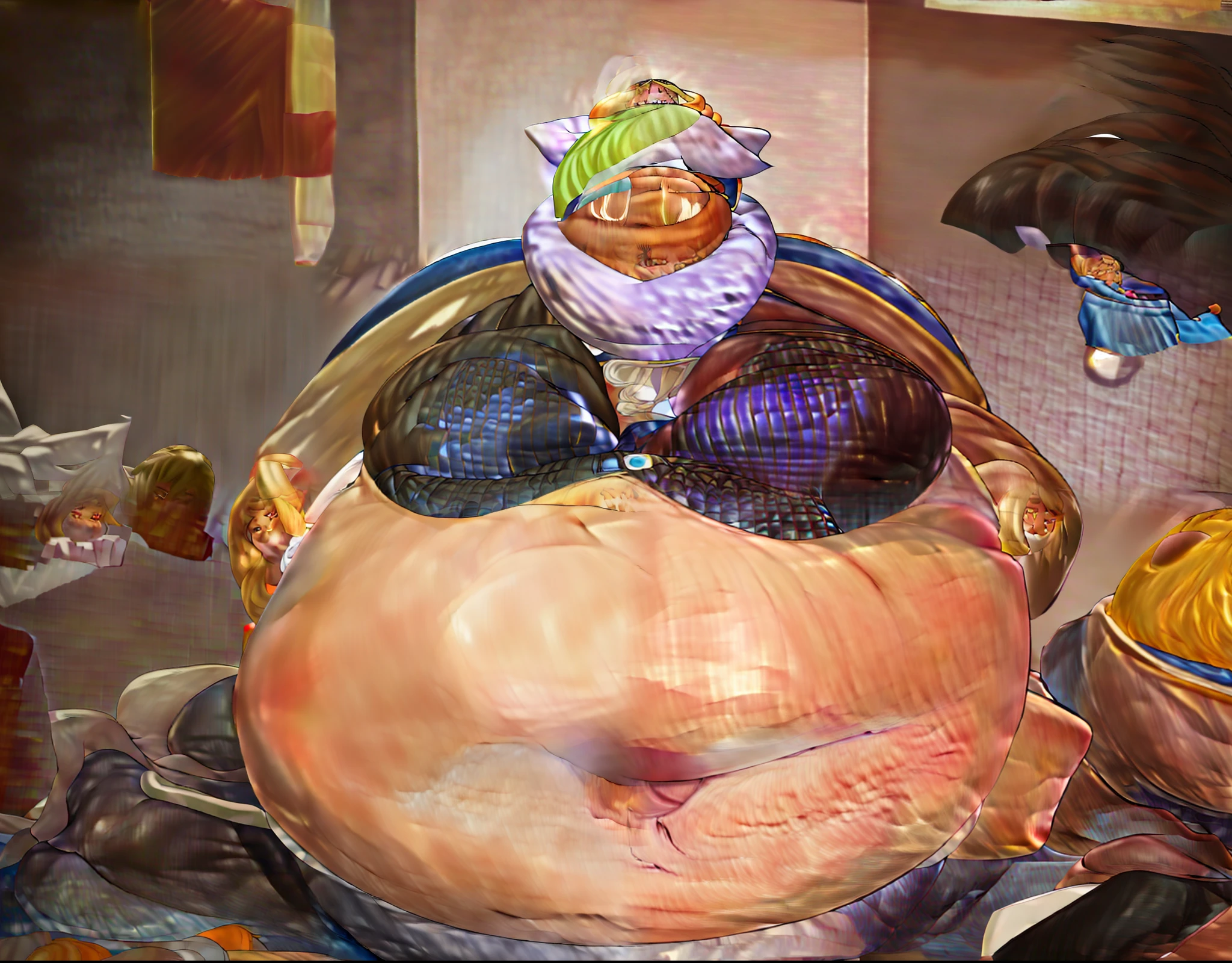 anime character with a large belly and a round bodu, his belly is fat and round,(( big belly)), (blob anime, he has a jiggly fat round belly, thicc,(( obese)), ((morbidly obese)), fat thighs, bloated, ((Brown skin, Droopy Yellow Eyes)) , Cute, Male ,18 years old , (( Shaggy platinum Blonde hair with royal blue highlights)), ( Inspired by Magalor from Kirby), ((blue Shawl with a Cat eared Hood, White button up shirt, blue pants , white boots )), (White scarf that hides mouth)), ((high quality, Masterpiece,high resolution,high asthetic))